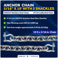 Anchor Chain 5/16" x 10' with 2 Shackles, HT G4 Stainless Steel - FO4493-S10 - Five Oceans