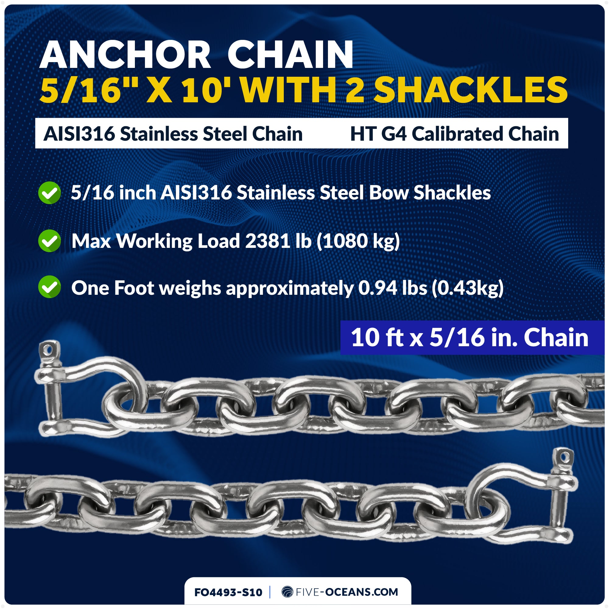 Anchor Chain 5/16" x 10' with 2 Shackles, HT G4 Stainless Steel - FO4493-S10 - Five Oceans