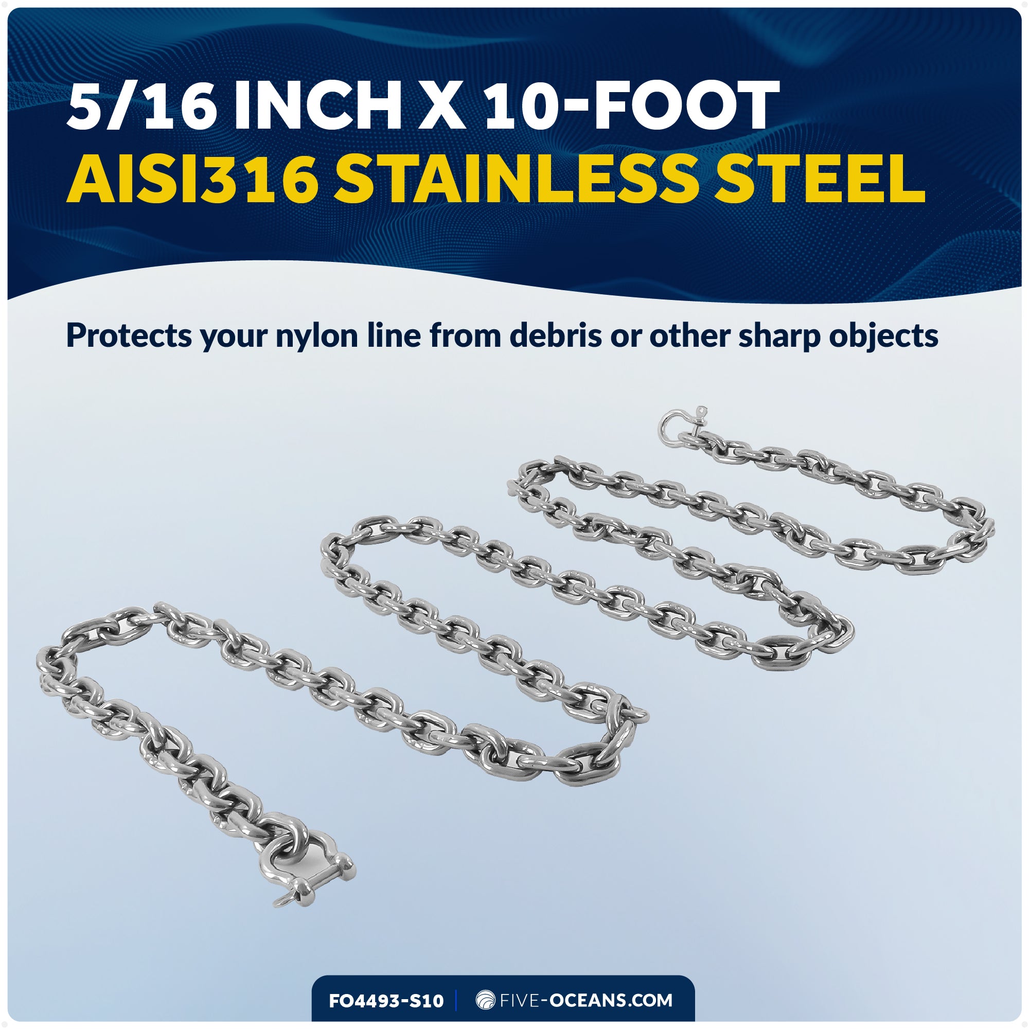 Anchor Chain 5/16" x 10' with 2 Shackles, HT G4 Stainless Steel - FO4493-S10