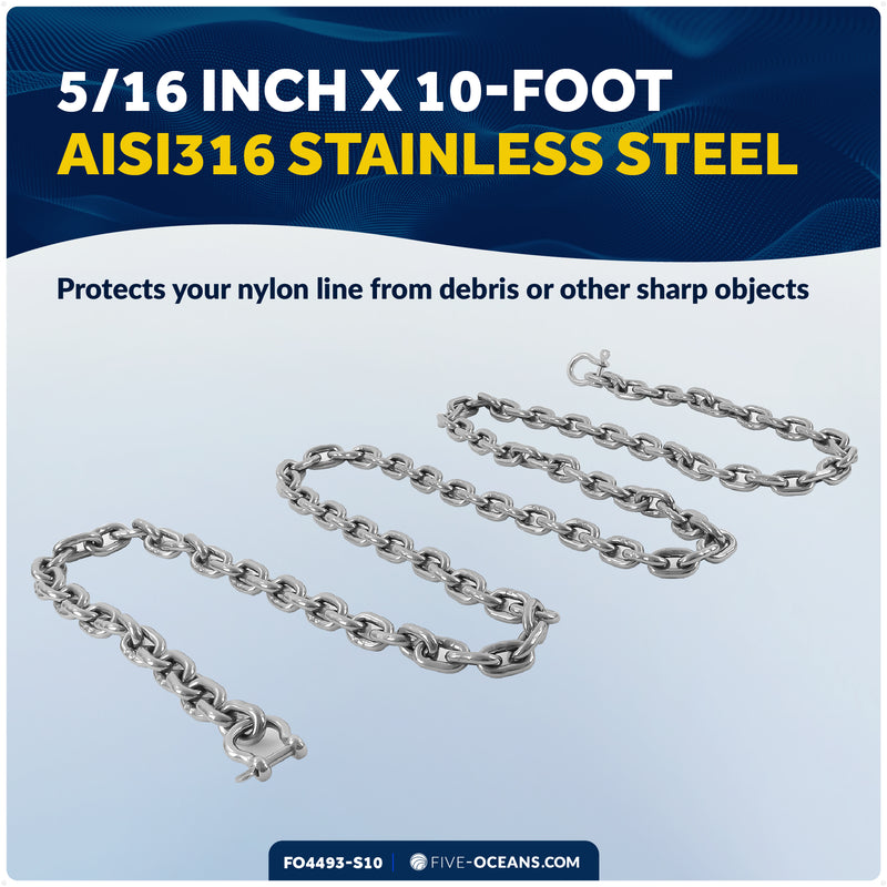 Anchor Chain 5/16" x 10' with 2 Shackles, HT G4 Stainless Steel - FO4493-S10 - Five Oceans