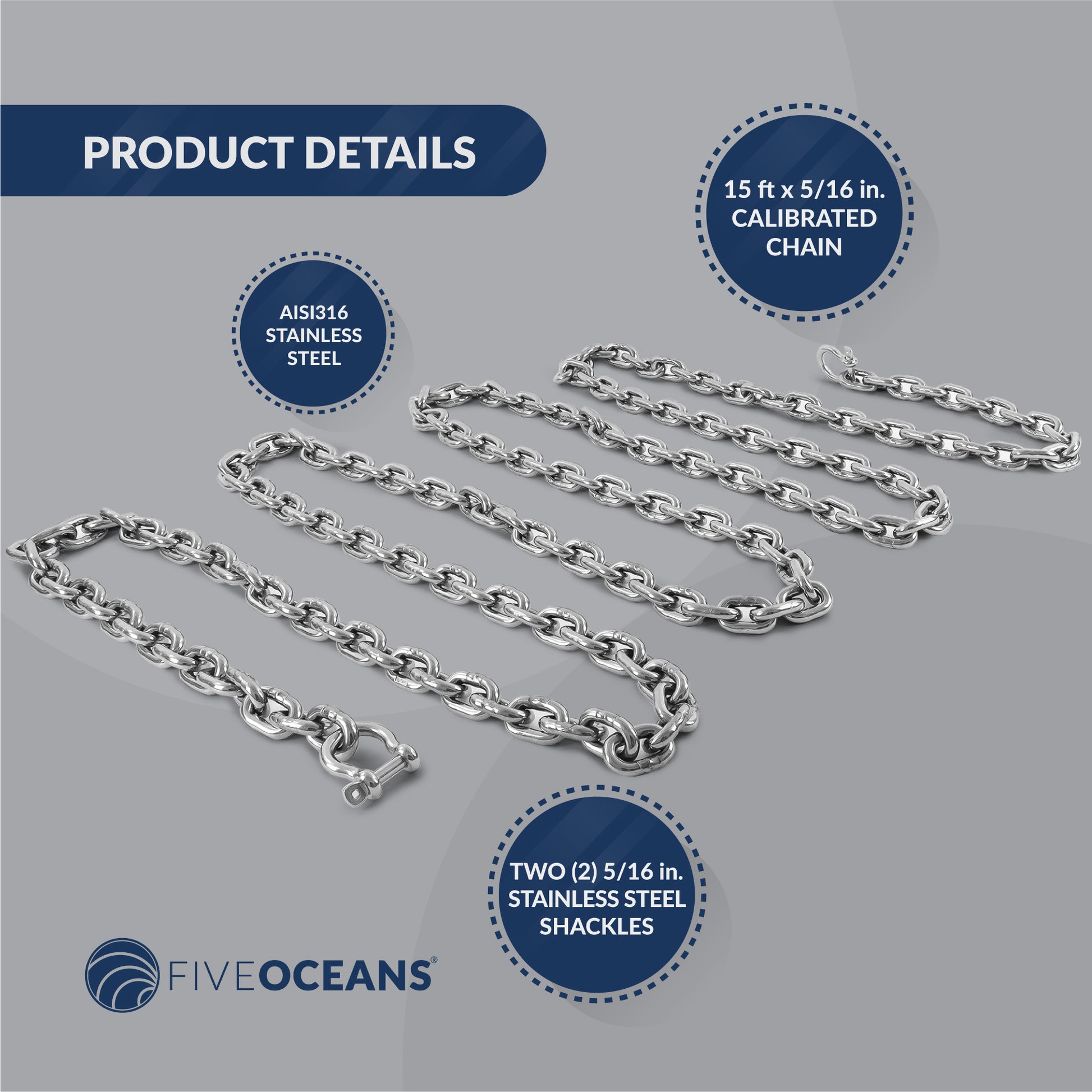 5/16" x 15' Boat Anchor Chain with 2 Stainless Steel Shackles, G4 High Test Stainless Steel Chain - FO4493-S15 - Five Oceans