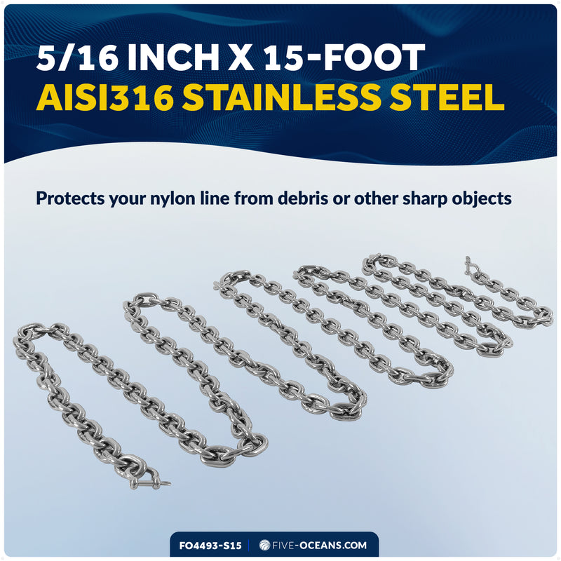 Anchor Chain 5/16" x 15' with 2 Shackles, HT G4 Stainless Steel - FO4493-S15 - Five Oceans