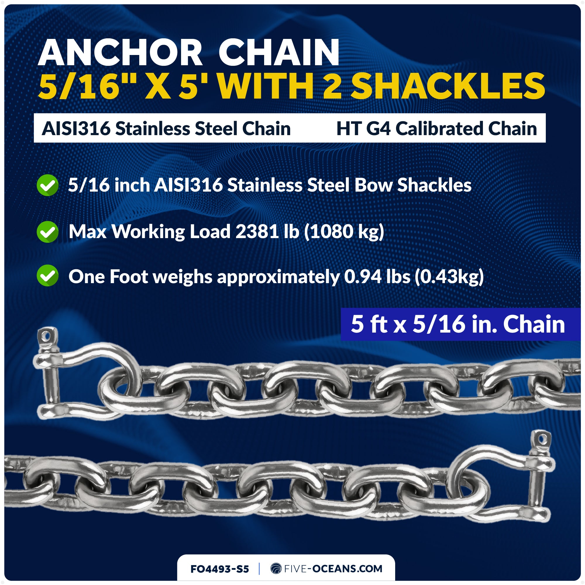 Anchor Chain 5/16" x 5' with 2 Shackles, HT G4 Stainless Steel - FO4493-S5