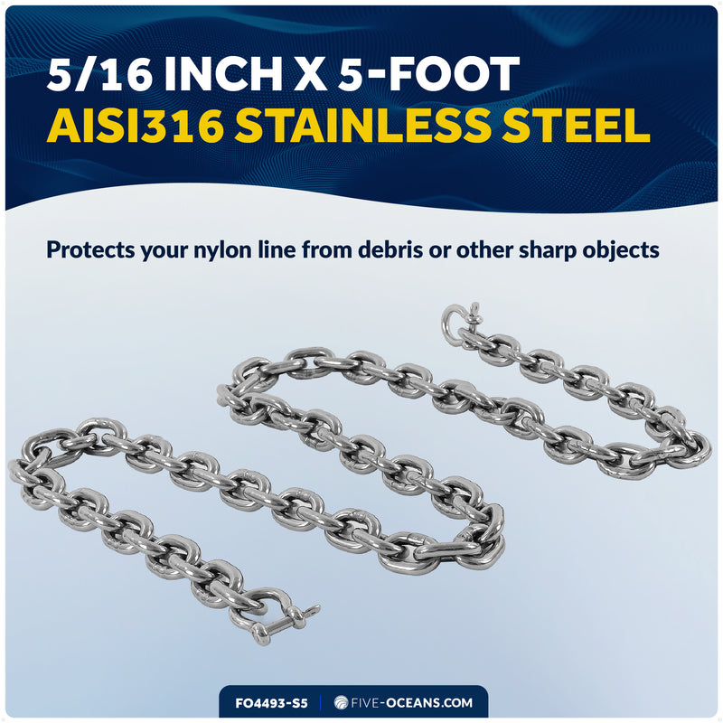 Anchor Chain 5/16" x 5' with 2 Shackles, HT G4 Stainless Steel - FO4493-S5 - Five Oceans