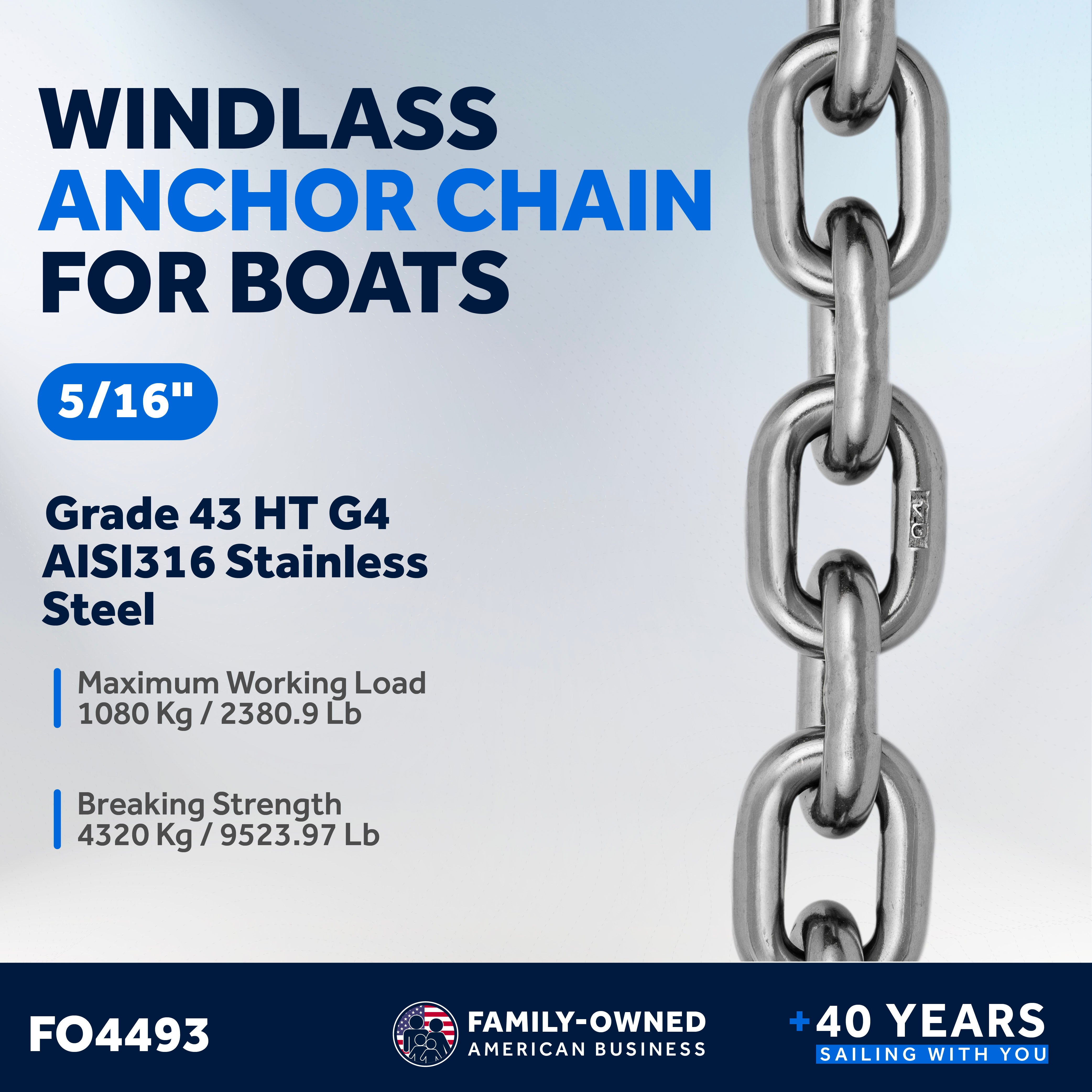 5/16" Boat Windlass Anchor Chain HT G4 Stainless Steel - FO4493