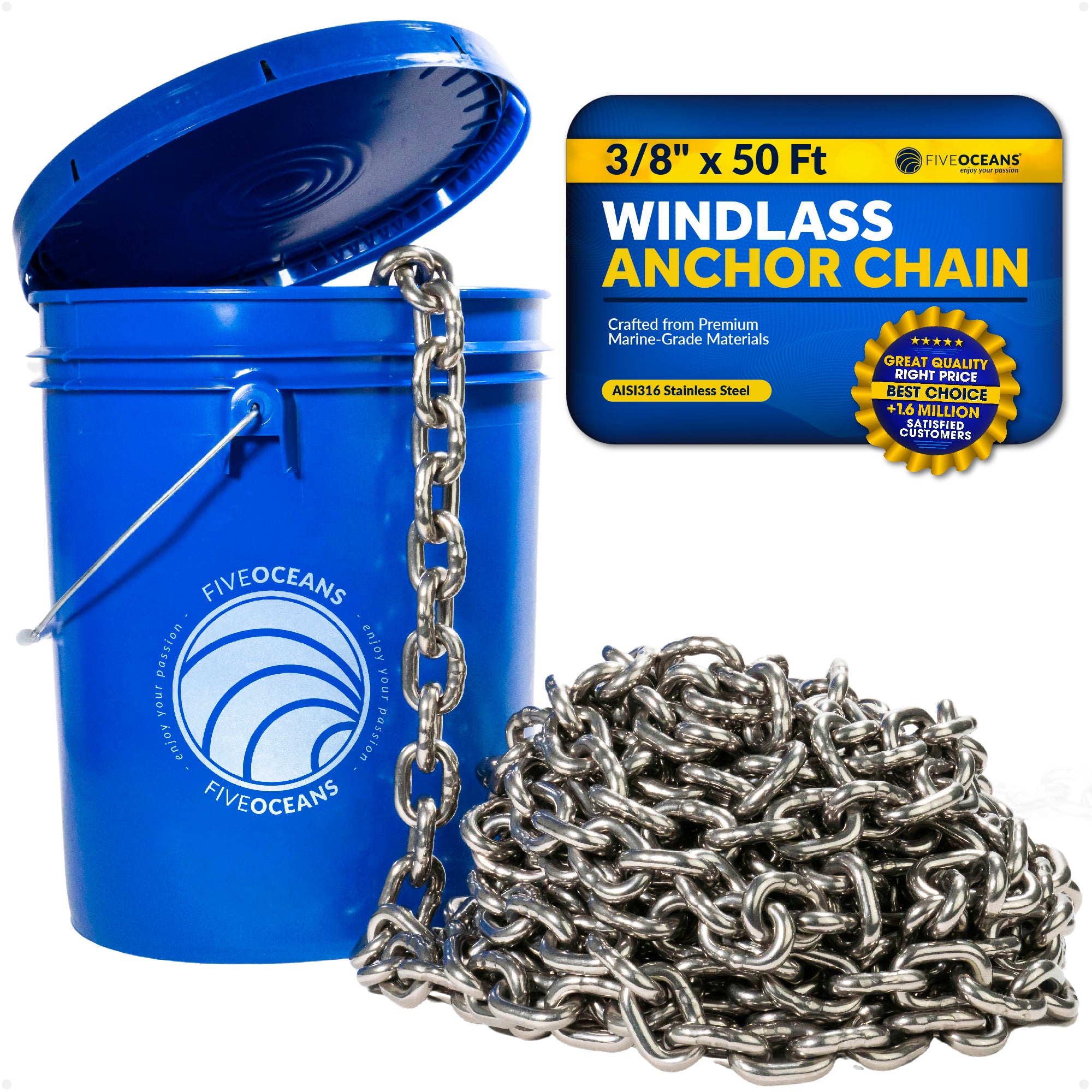 3/8" x 50' Windlass Boat Anchor Chain HT G4 Stainless Steel - FO4494-M50 - Five Oceans