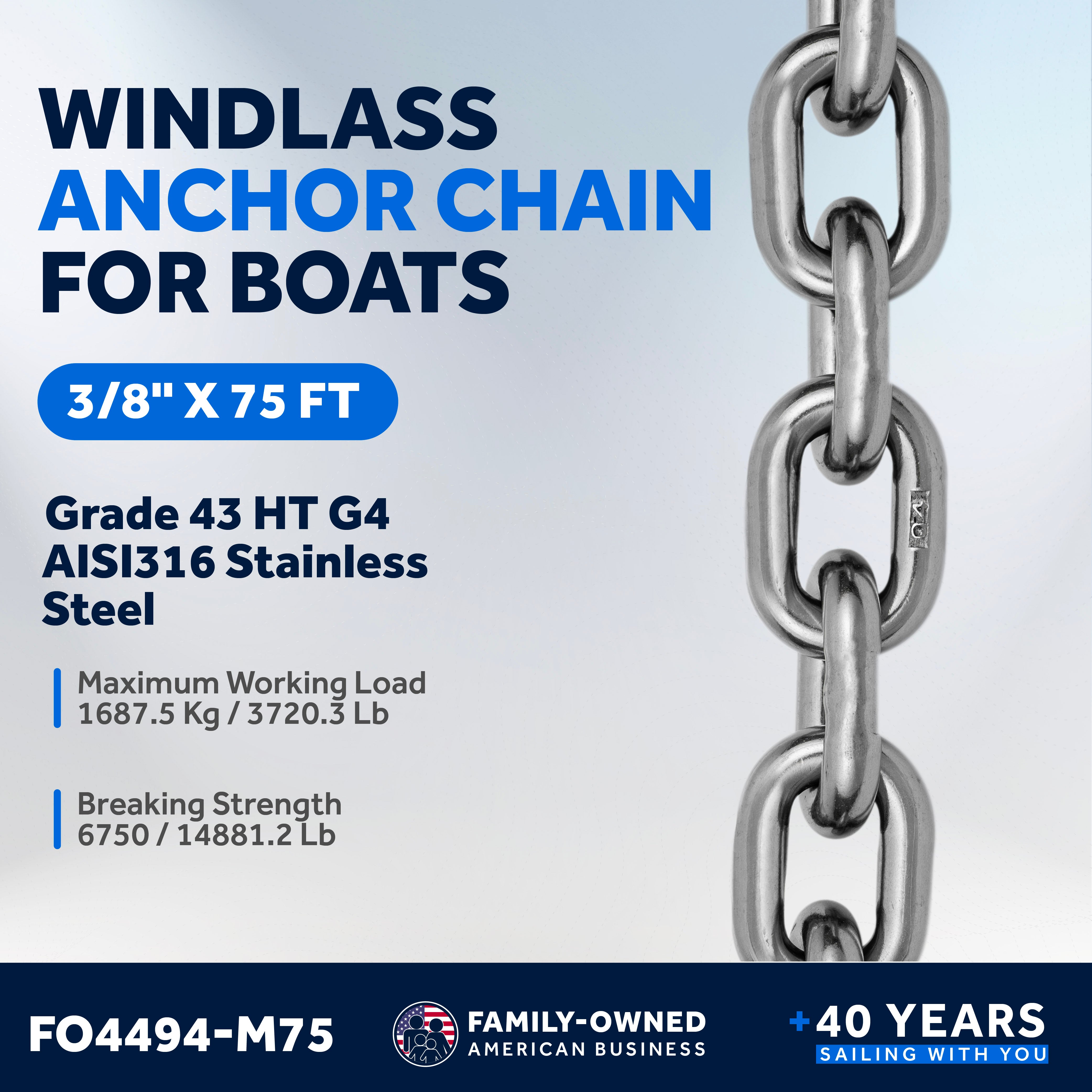3/8" x 75' Boat Windlass Anchor Chain HT G4 Stainless Steel - FO4494-M75