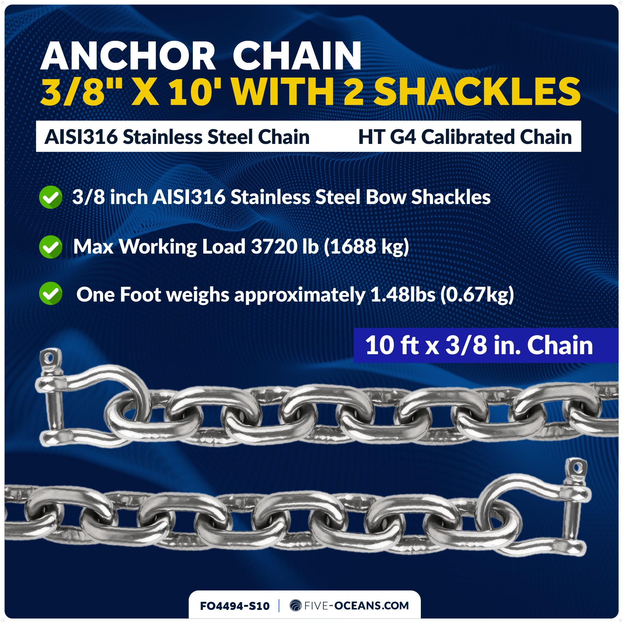 Anchor Chain 3/8" x 10' with 2 Shackles, HT G4 Stainless Steel - FO4494-S10 - Five Oceans