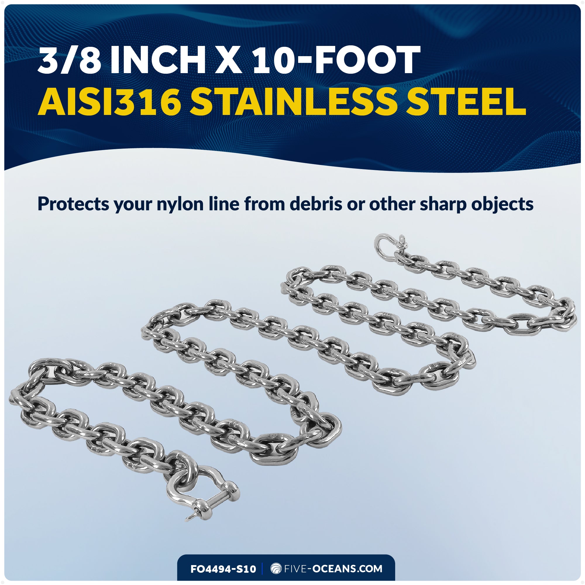 Anchor Chain 3/8" x 10' with 2 Shackles, HT G4 Stainless Steel - FO4494-S10