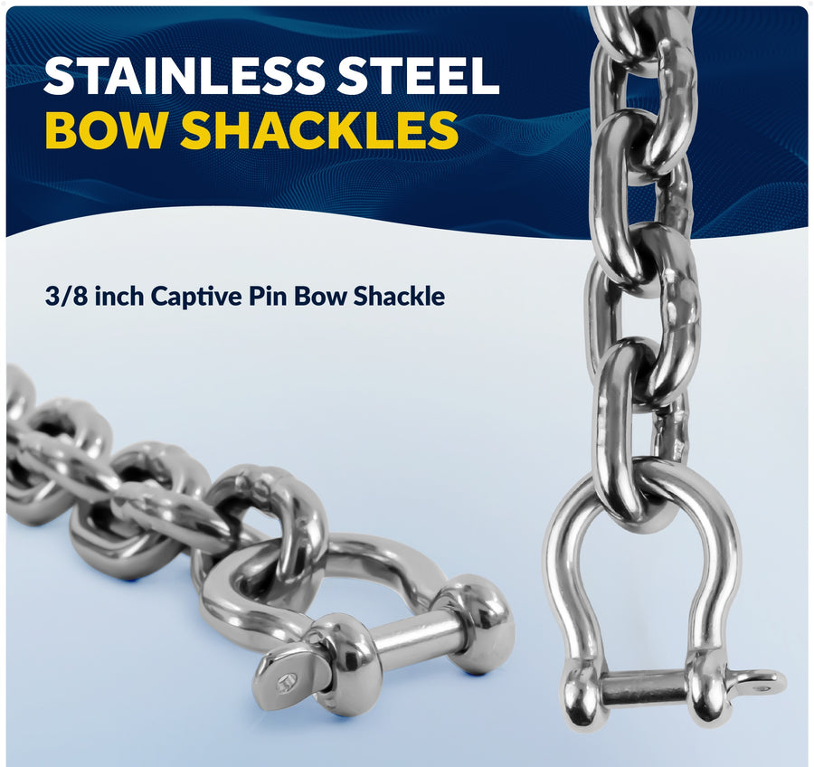 3/8" Anchor Chain with 2 Shackles, Marine-Grade HTG4 Stainless Steel - Five Oceans