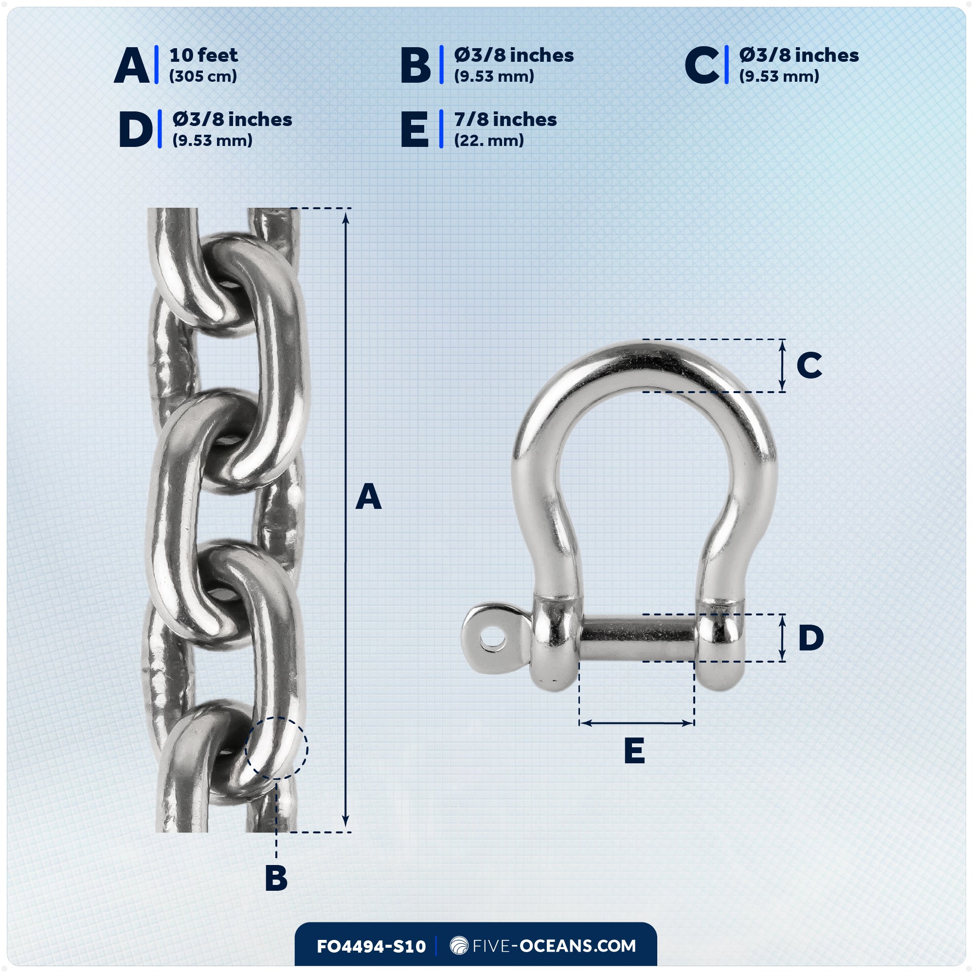 Anchor Chain 3/8" x 10' with 2 Shackles, HT G4 Stainless Steel - FO4494-S10