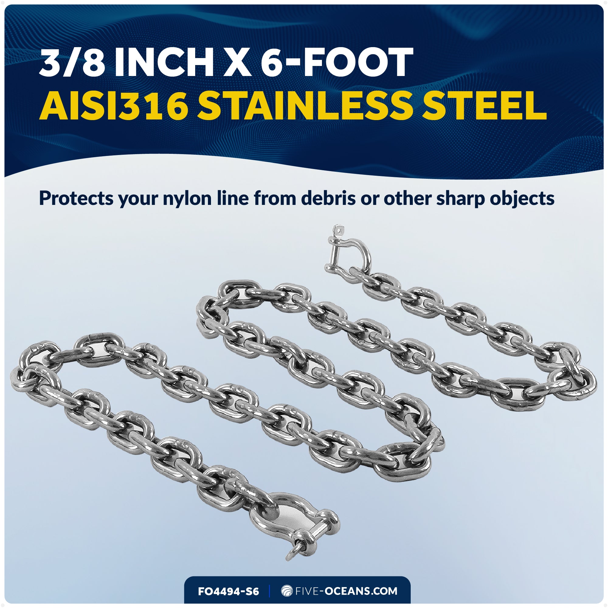 Anchor Chain 3/8" x 6' with 2 Shackles, HT G4 Stainless Steel - FO4494-S6