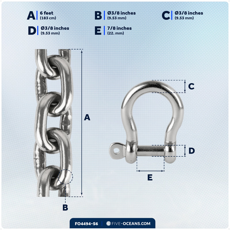 Anchor Chain 3/8" x 6' with 2 Shackles, HT G4 Stainless Steel - FO4494-S6 - Five Oceans