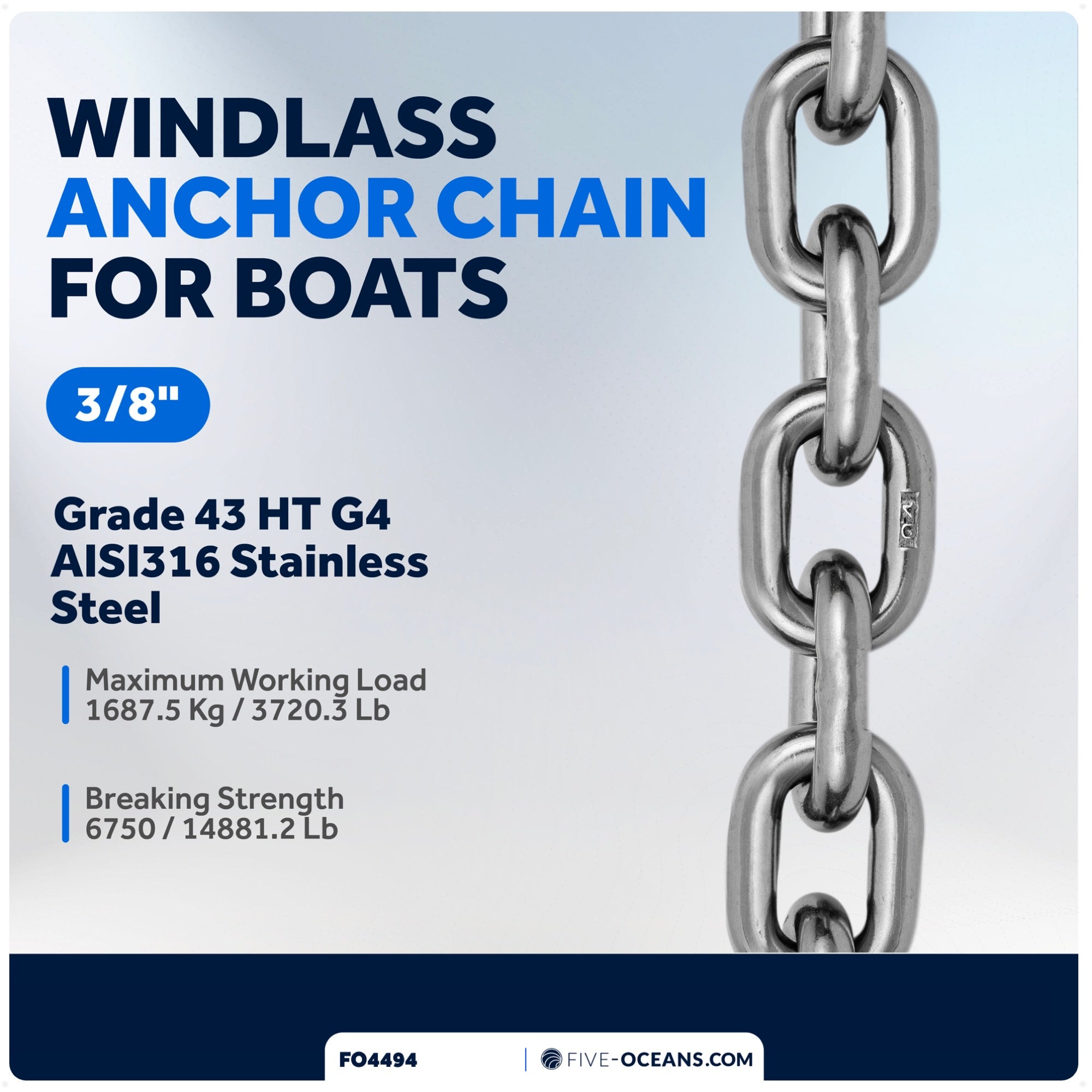 3/8" Windlass Boat Anchor Chain HT G4 Stainless Steel - FO4494 - Five Oceans