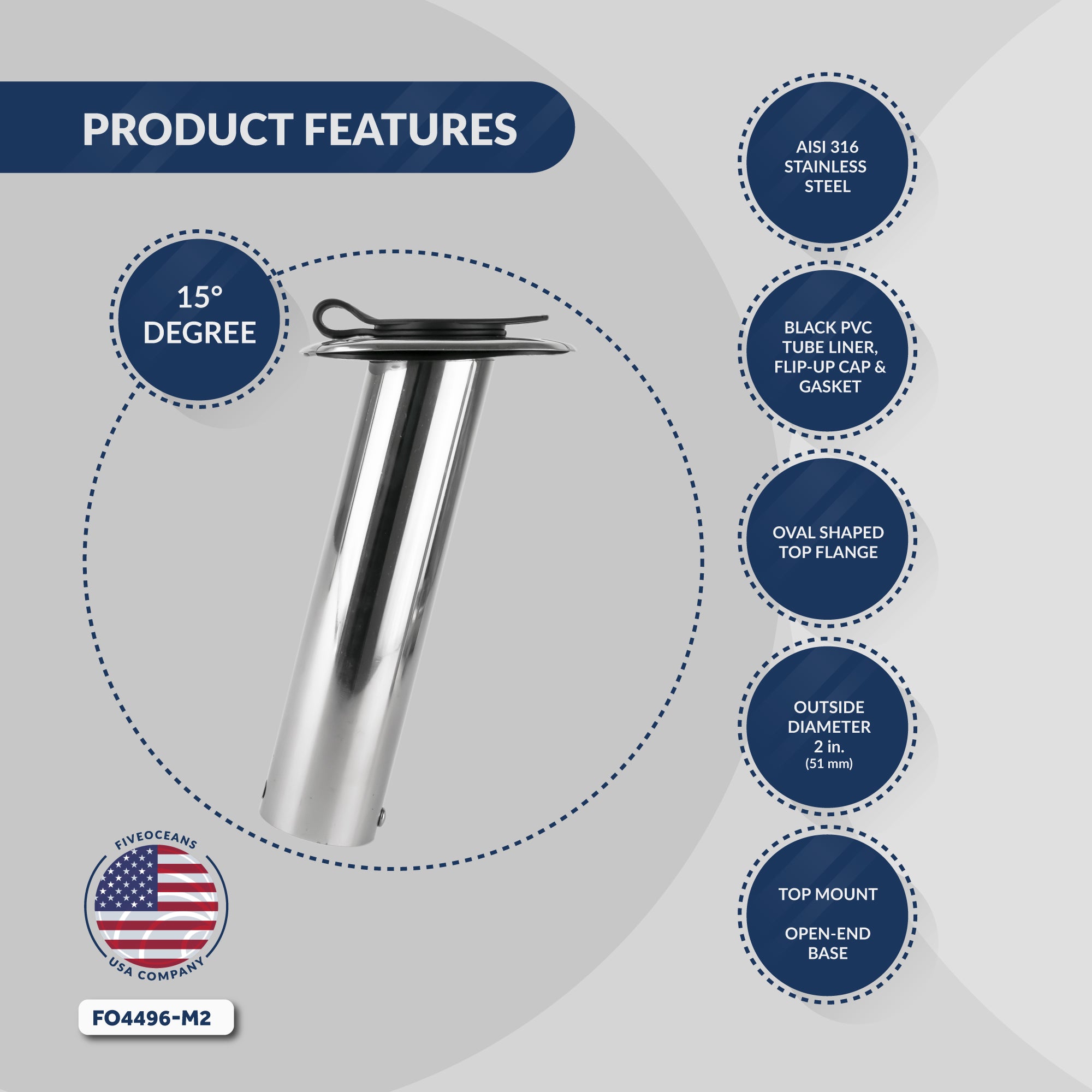 Stainless Steel Flush-Mount Fishing Rod Holder, 15-Degree Top Flange, PVC Tube Inside with Flip-up Cap, PVC Gasket, Open Base, 2-Pack, FO-4496-M2