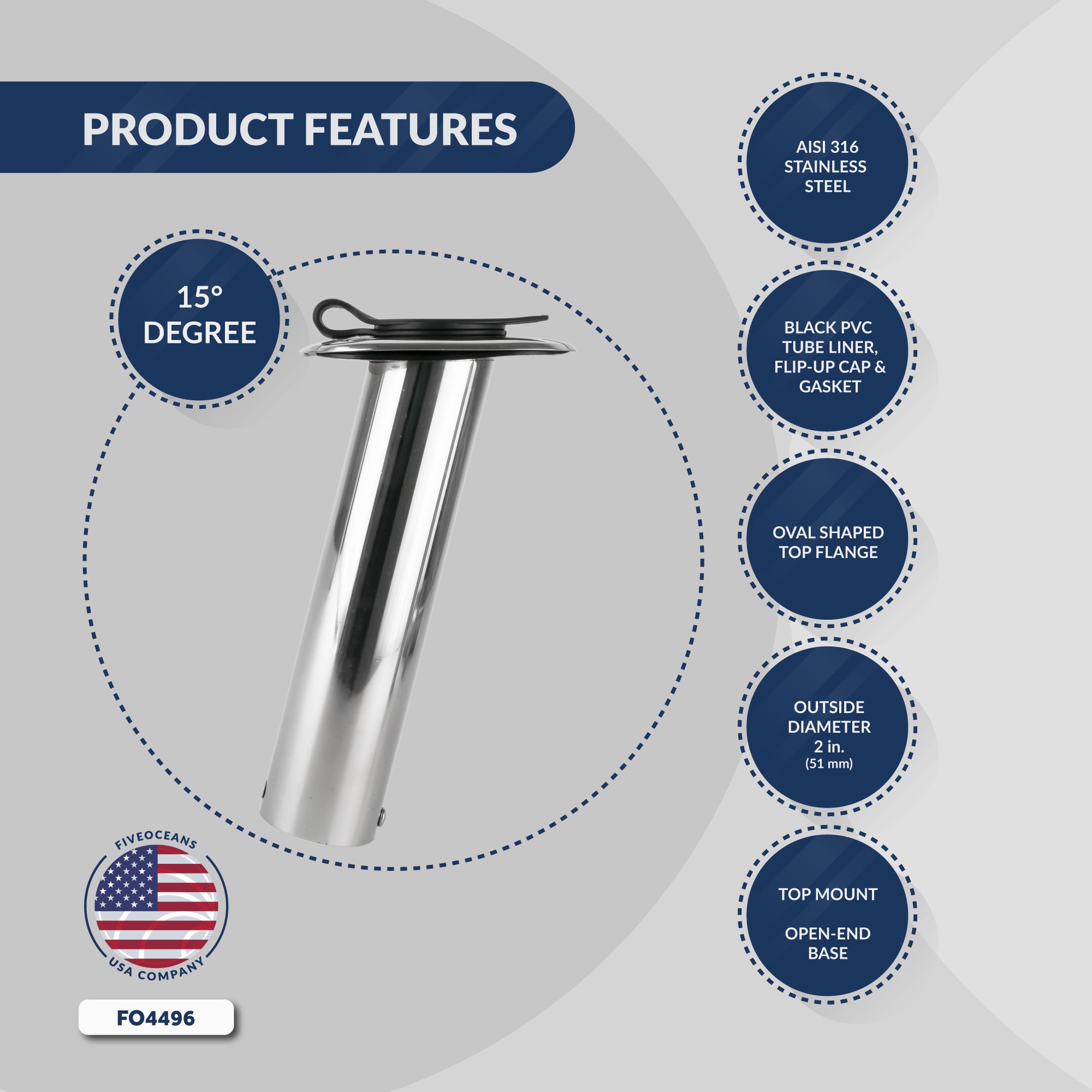 Stainless Steel Flush-Mount Fishing Rod Holder, 15-Degree Top Flange, PVC Tube Inside with Flip-up Cap, PVC Gasket, Open Base, 1-Pack, FO-4496 - Five Oceans