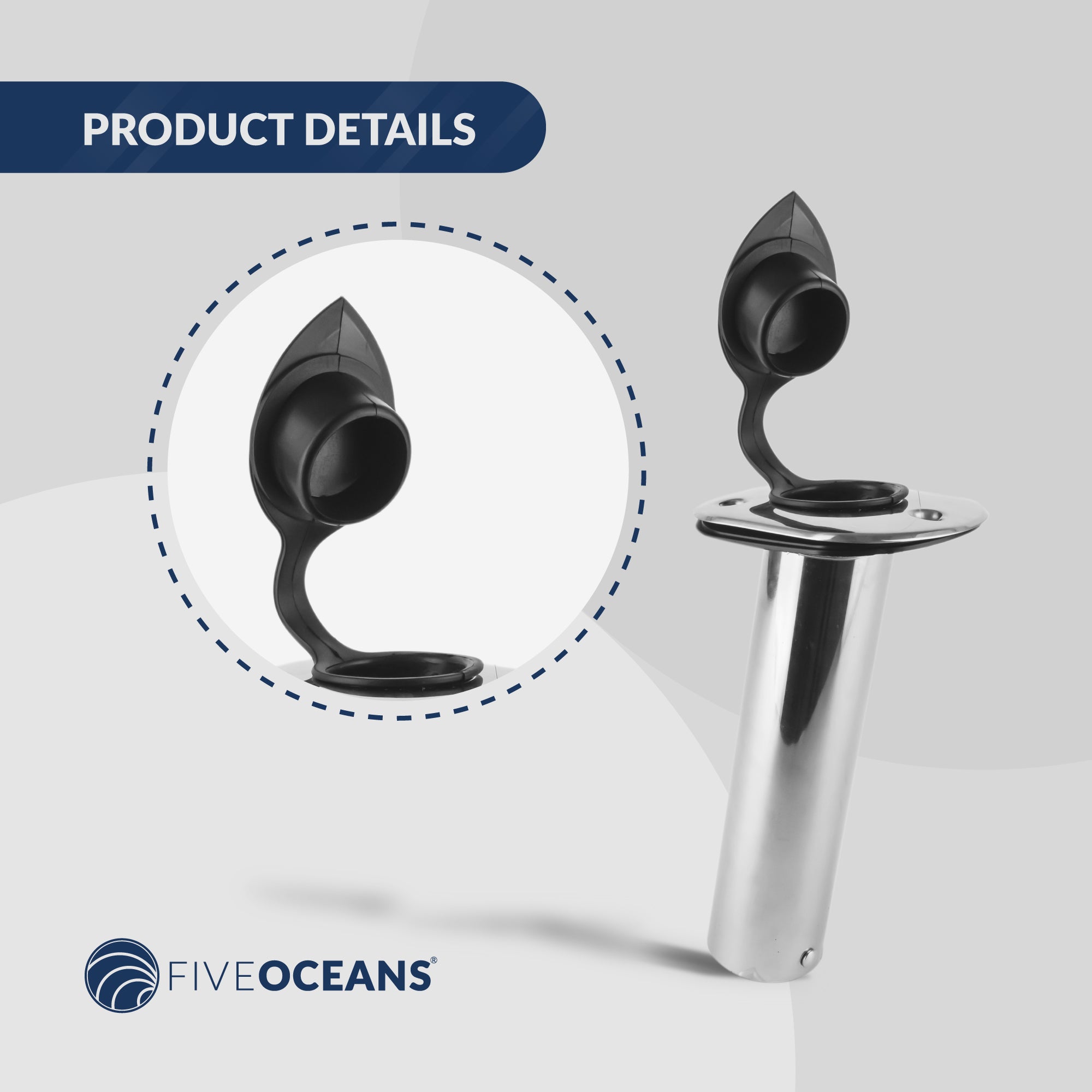 Stainless Steel Flush-Mount Fishing Rod Holder, 15-Degree Top Flange, PVC Tube Inside with Flip-up Cap, PVC Gasket, Open Base, 1-Pack, FO-4496