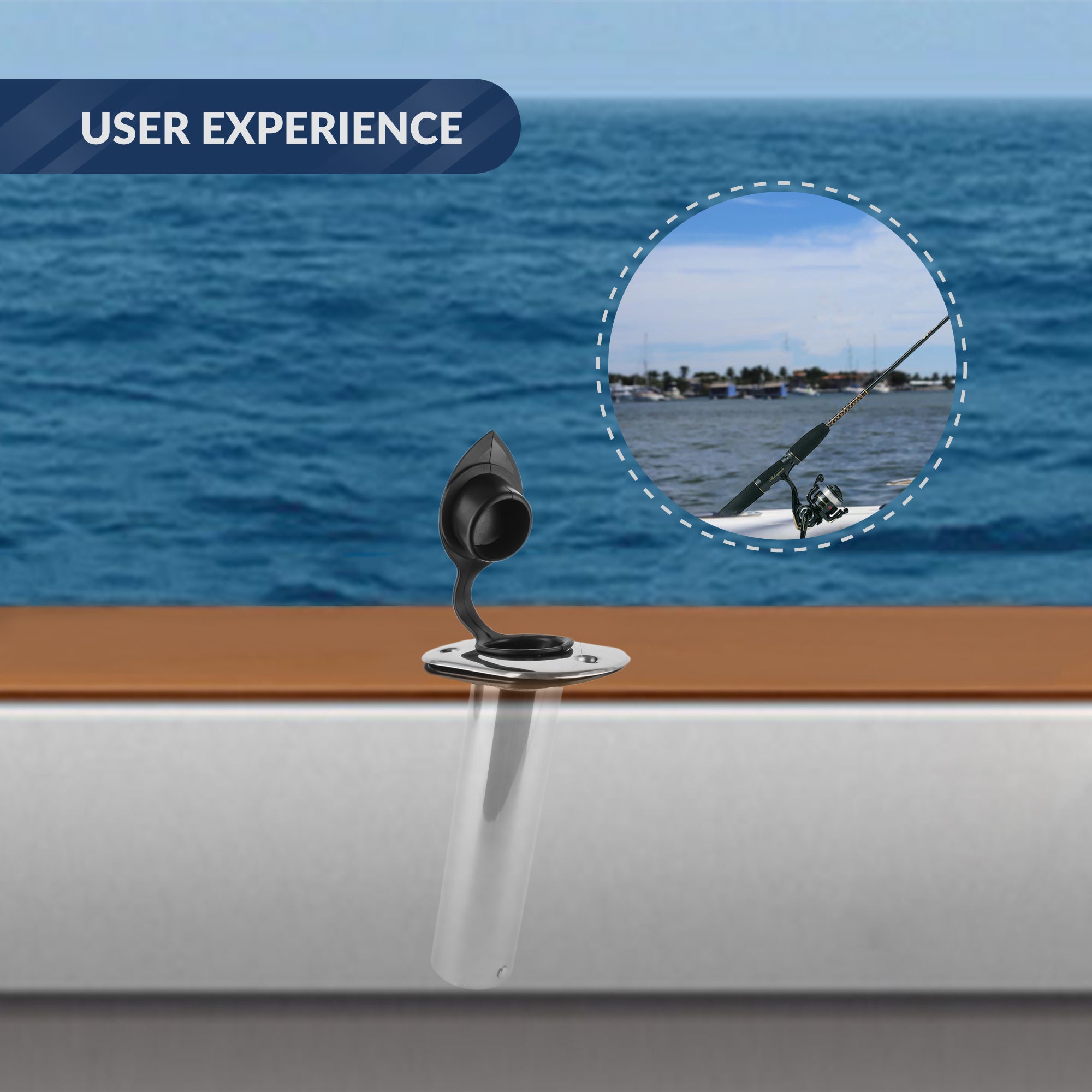 Stainless Steel Flush-Mount Fishing Rod Holder, 15-Degree Top Flange, PVC Tube Inside with Flip-up Cap, PVC Gasket, Open Base, 1-Pack, FO-4496