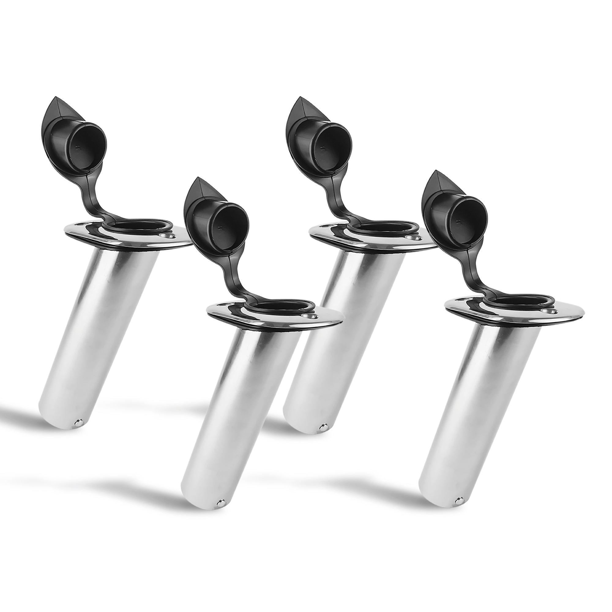 Stainless Steel Flush-Mount Fishing Rod Holder, 30-Degree Top Flange, PVC Tube Inside with Flip-up Cap, PVC Gasket, Open Base, 4-Pack, FO-4497-M4