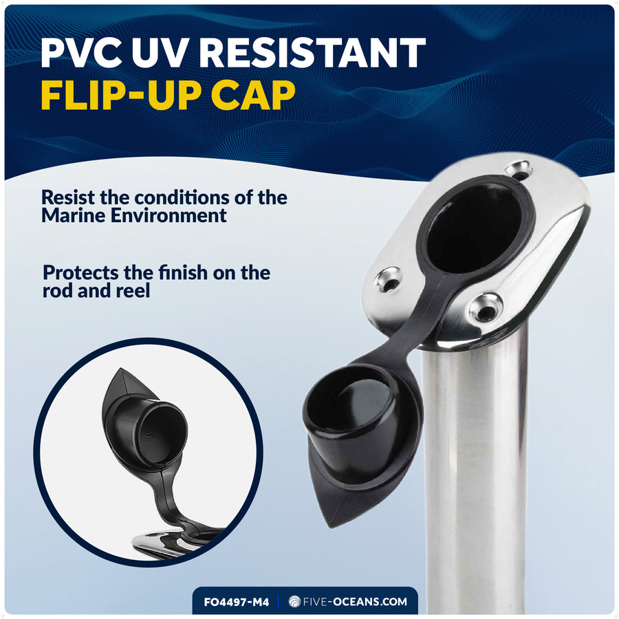 Five Oceans Flush-Mount Fishing Rod Holder 30-Degree Top Flange w/ Flip-up Cap, Open Base End Stainless Steel (4 Pack) Fo4497-m4