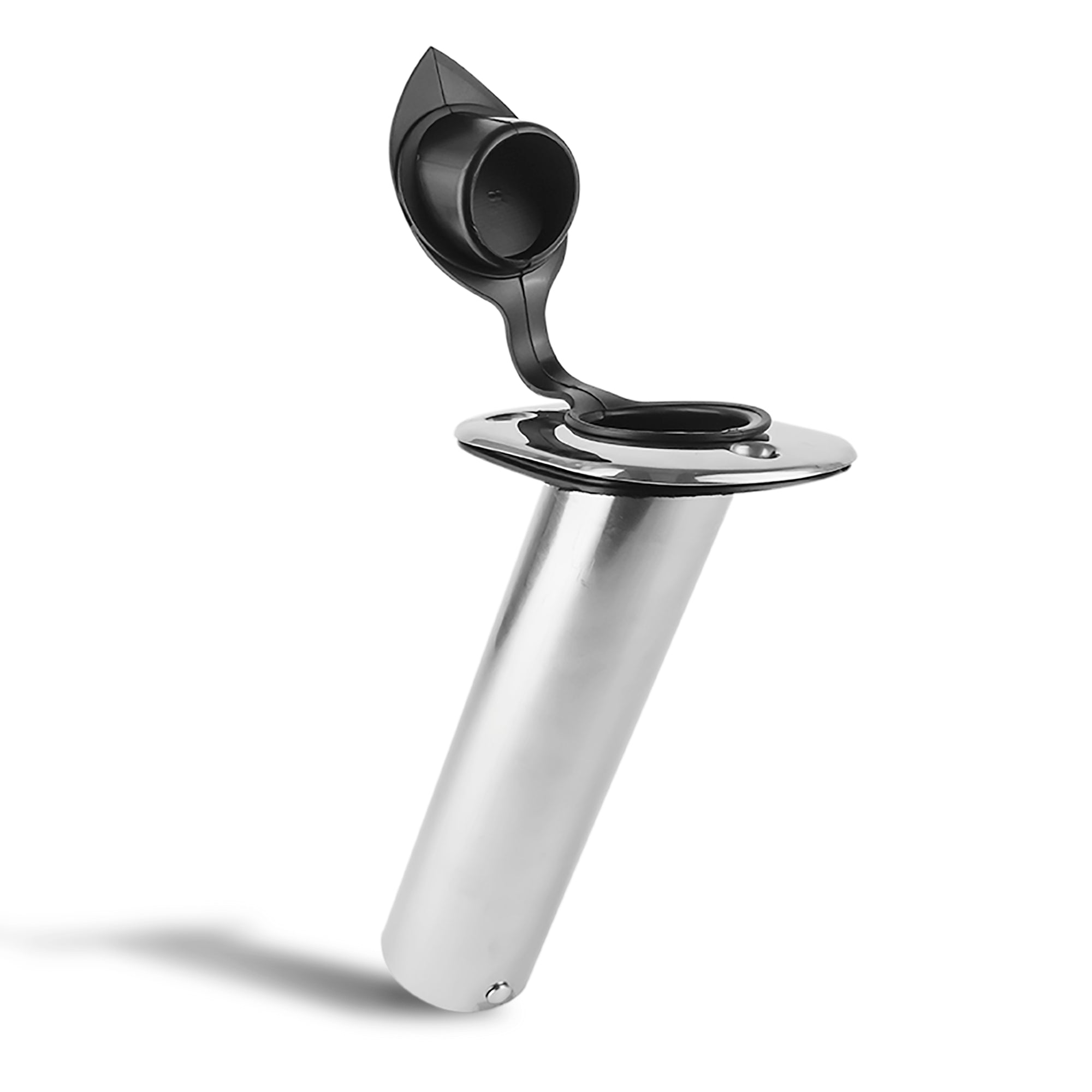 Stainless Steel Flush-Mount Fishing Rod Holder, 30-Degree Top Flange, PVC Inside Tube w/ Flip-up Cap and Gasket, Open End Base, 1-Pack, FO-4497 - Five Oceans