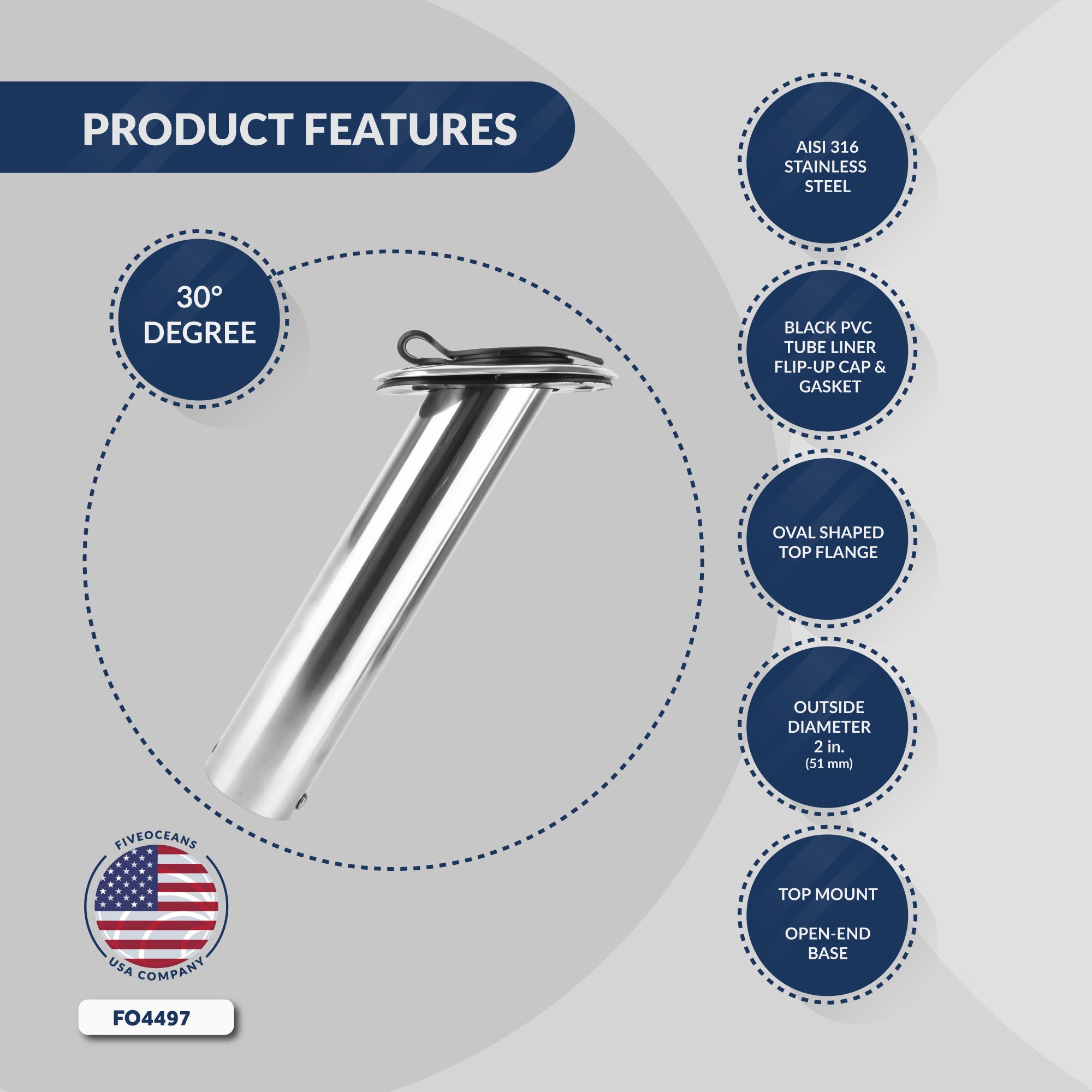 Stainless Steel Flush-Mount Fishing Rod Holder, 30-Degree Top Flange, PVC Inside Tube w/ Flip-up Cap and Gasket, Open End Base, 1-Pack, FO-4497 - Five Oceans