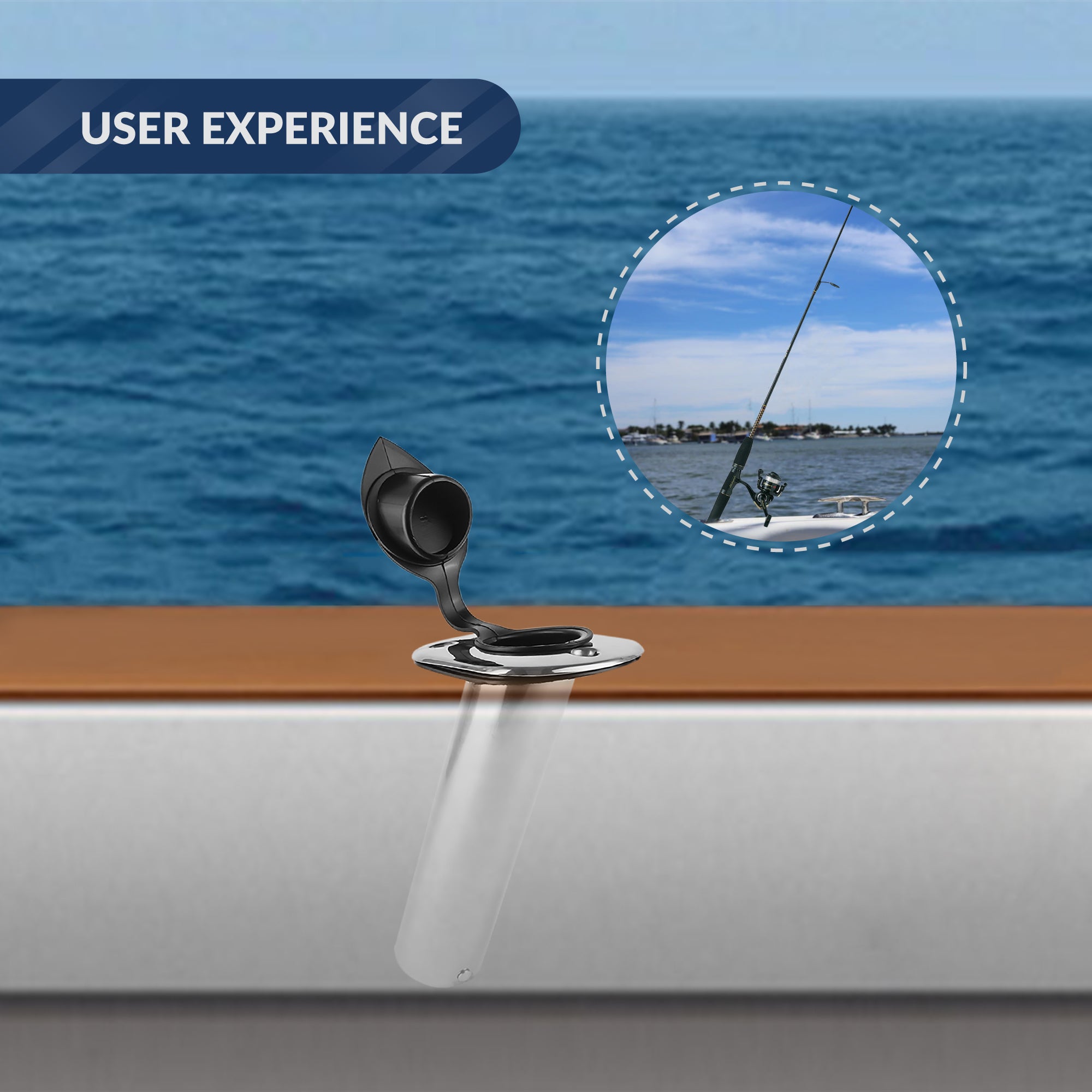 Stainless Steel Flush-Mount Fishing Rod Holder, 30-Degree Top Flange, PVC Inside Tube w/ Flip-up Cap and Gasket, Open End Base, 1-Pack, FO-4497