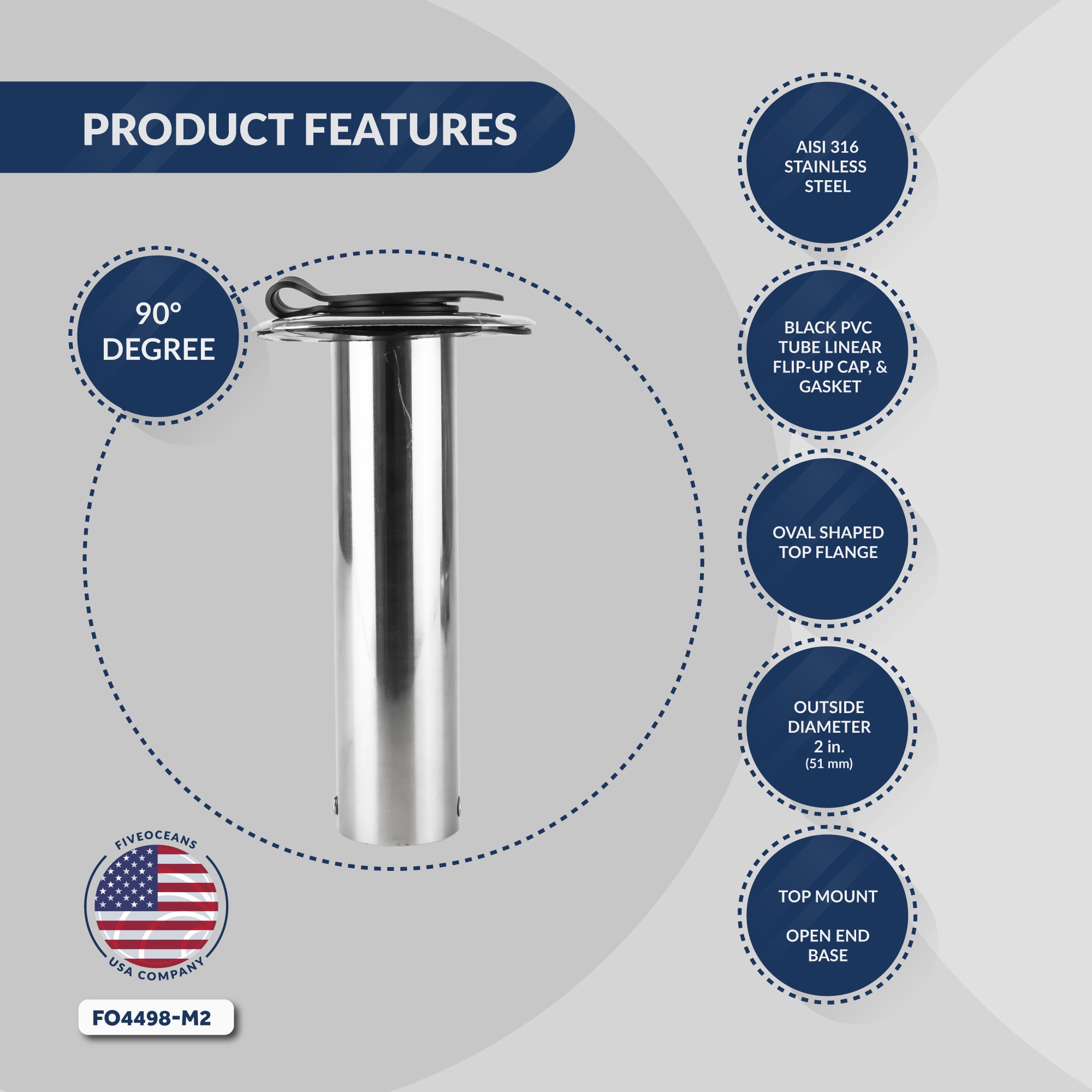 Fishing Rod Holder, 90-Degree Top Flange, Stainless Steel 2-Pack - FO4498-M2 - Five Oceans