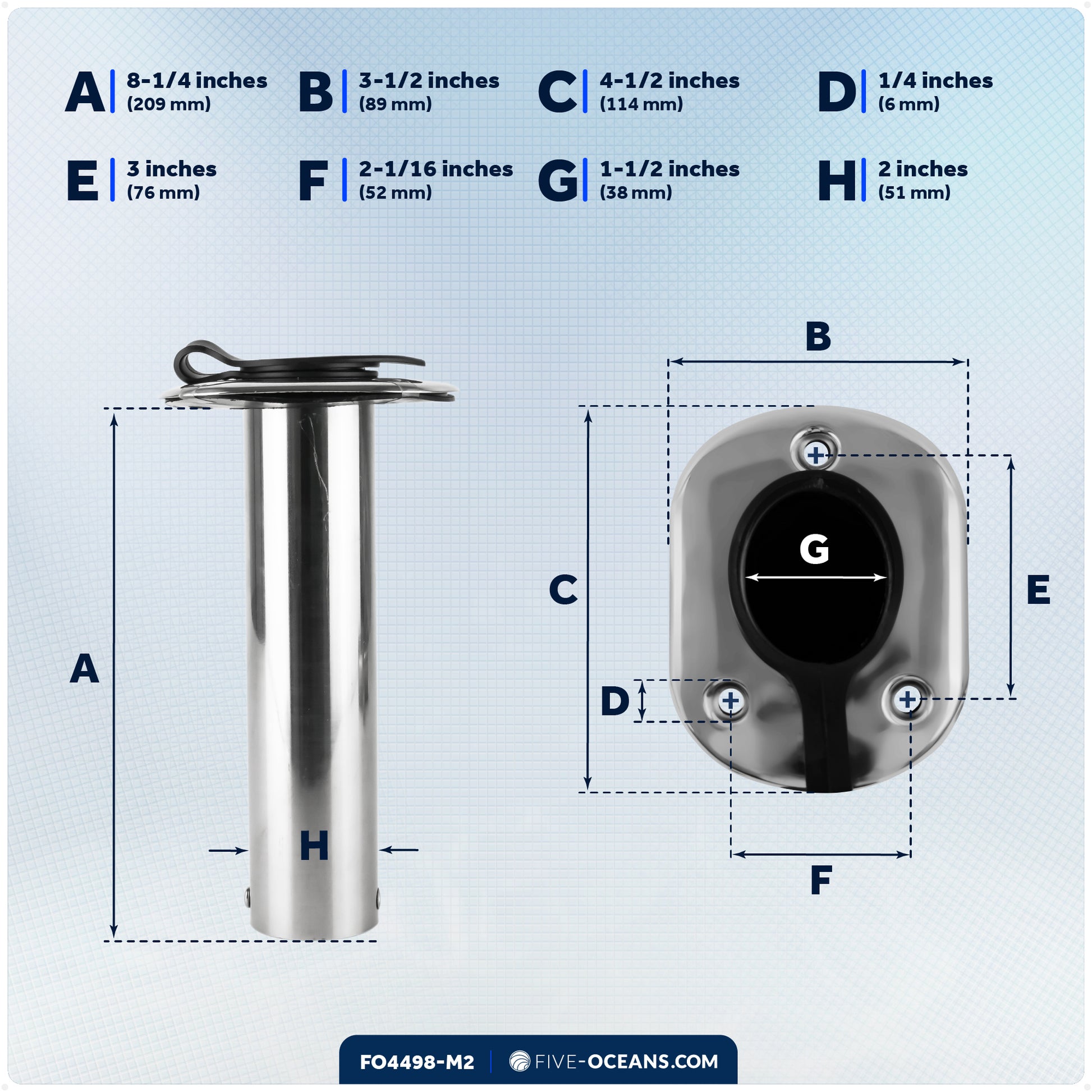 90-Degree Rod Holder, Flush Mount, Stainless Steel, 2-Pack - FO4498-M2 - Five Oceans
