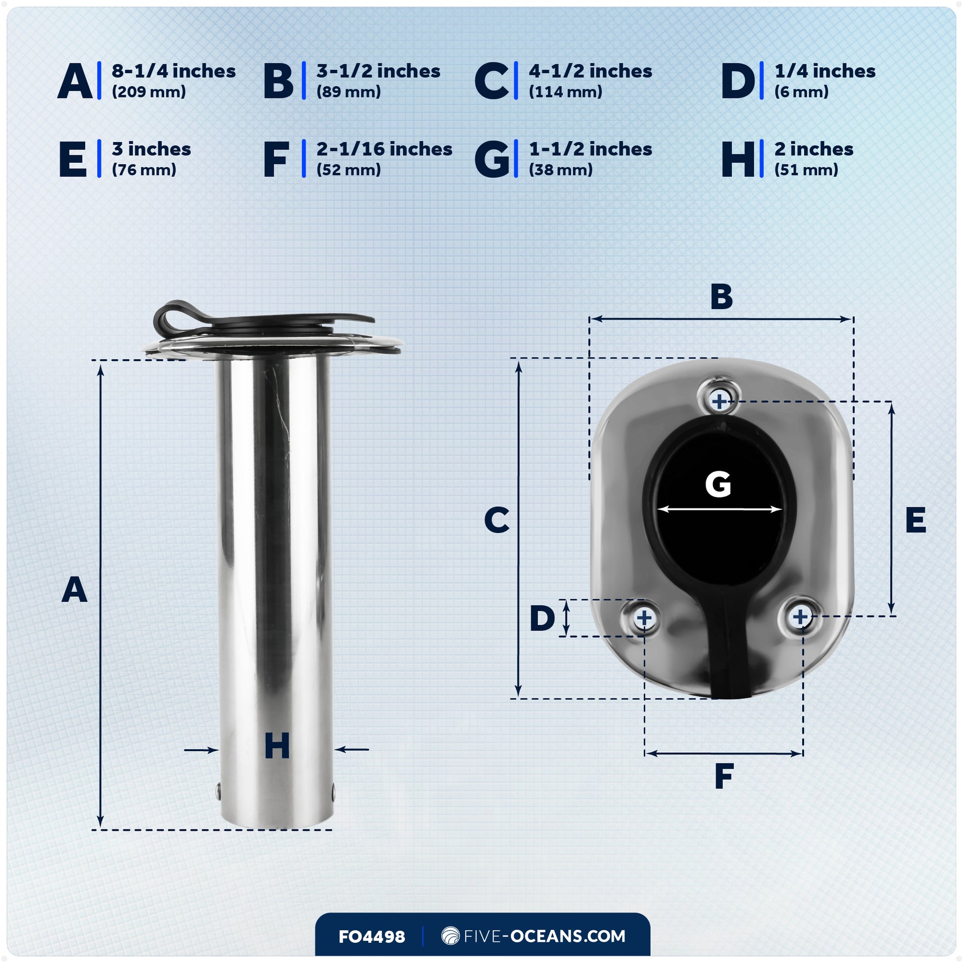90-Degree Rod Holder, Flush Mount, Stainless Steel - FO4498 - Five Oceans