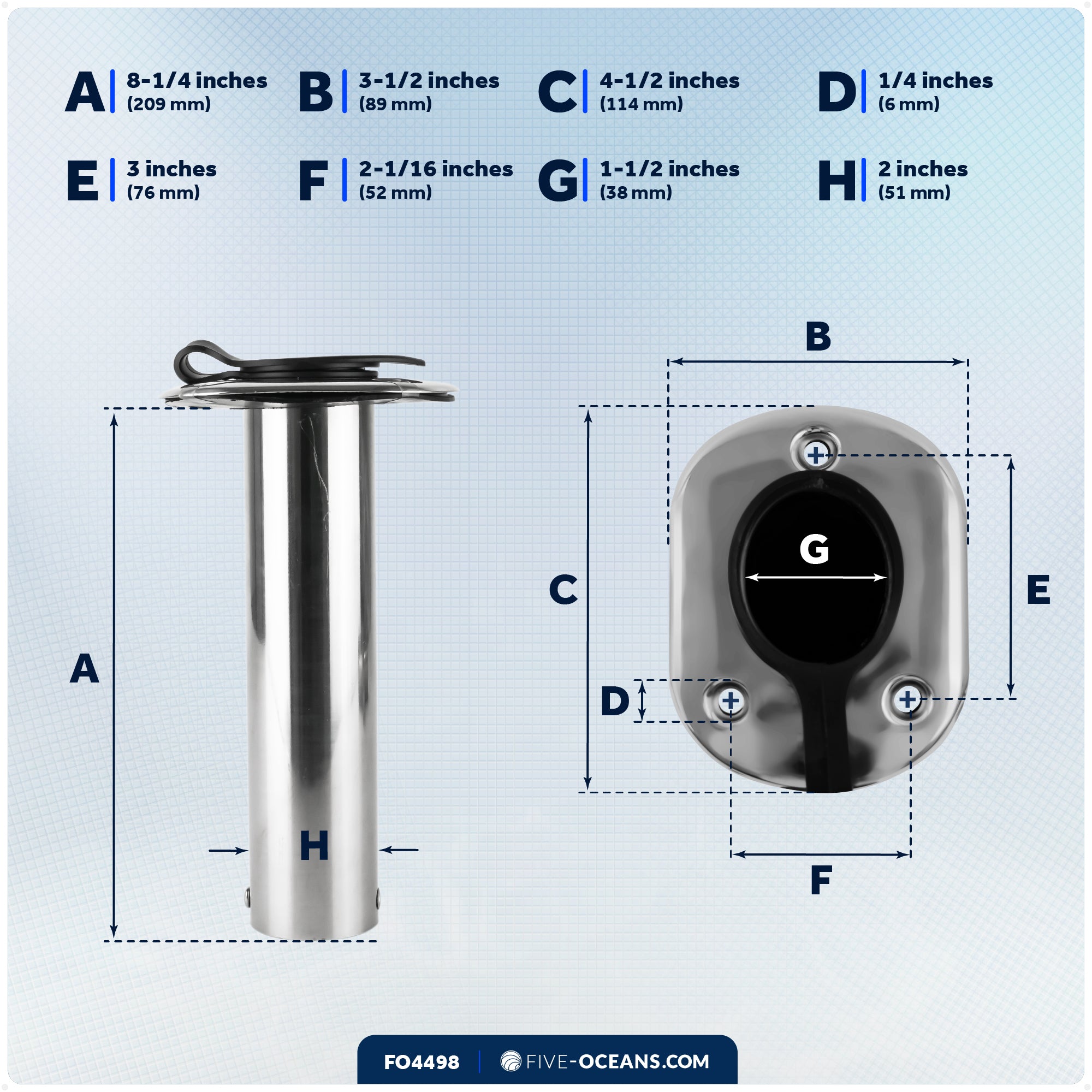 90-Degree Rod Holder, Flush Mount, Stainless Steel - FO4498 - Five Oceans