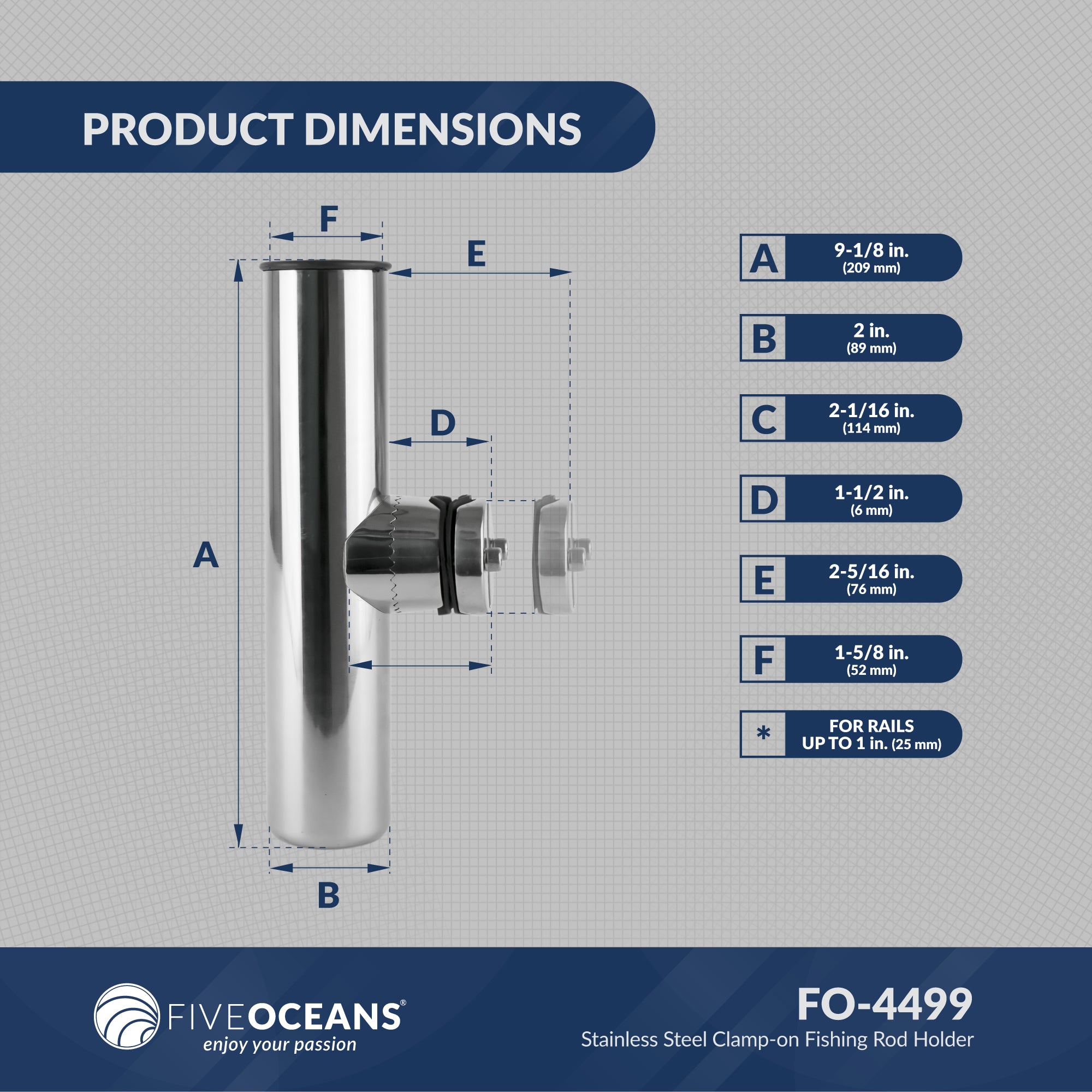 Clamp-on Fishing Rod Holder, Stainless Steel 4-Pack - FO4499-M4 - Five Oceans