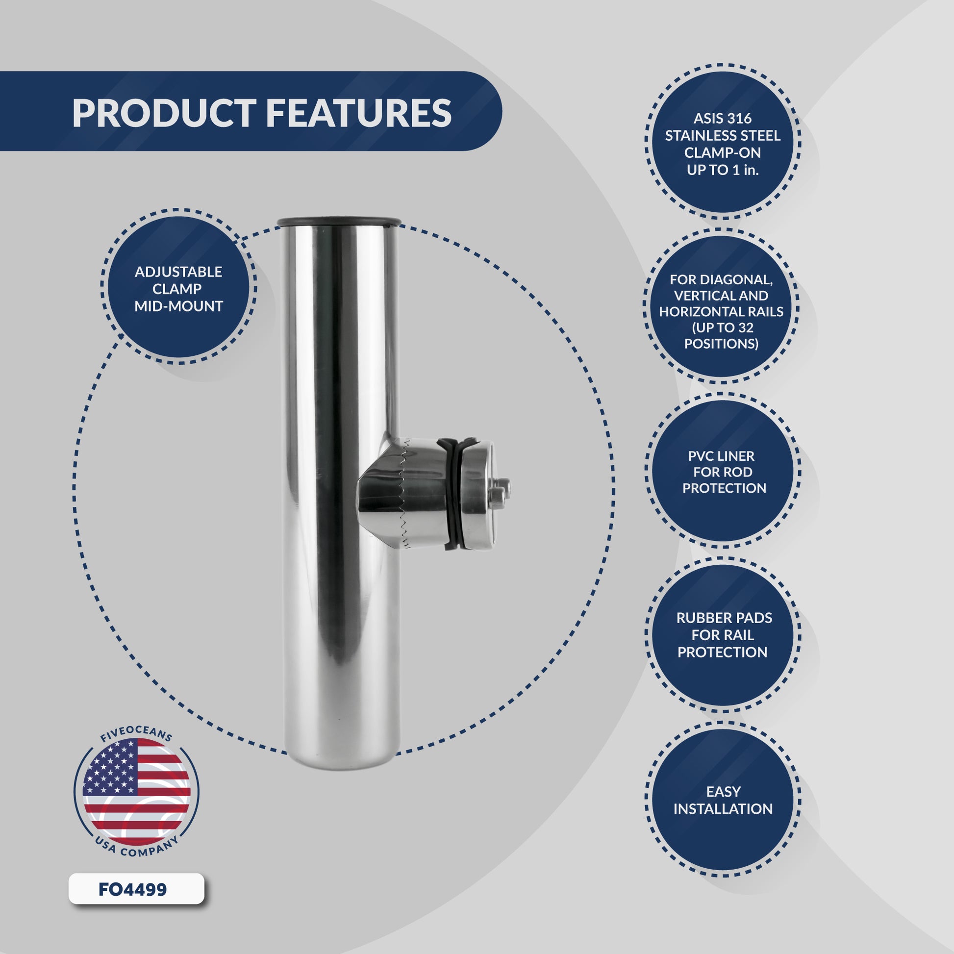 AISI316 Stainless Steel Clamp-on Fishing Rod Holder, Adjustable for Rails of 7/8 in to 1 in, 1-Pack, FO-4499 - Five Oceans