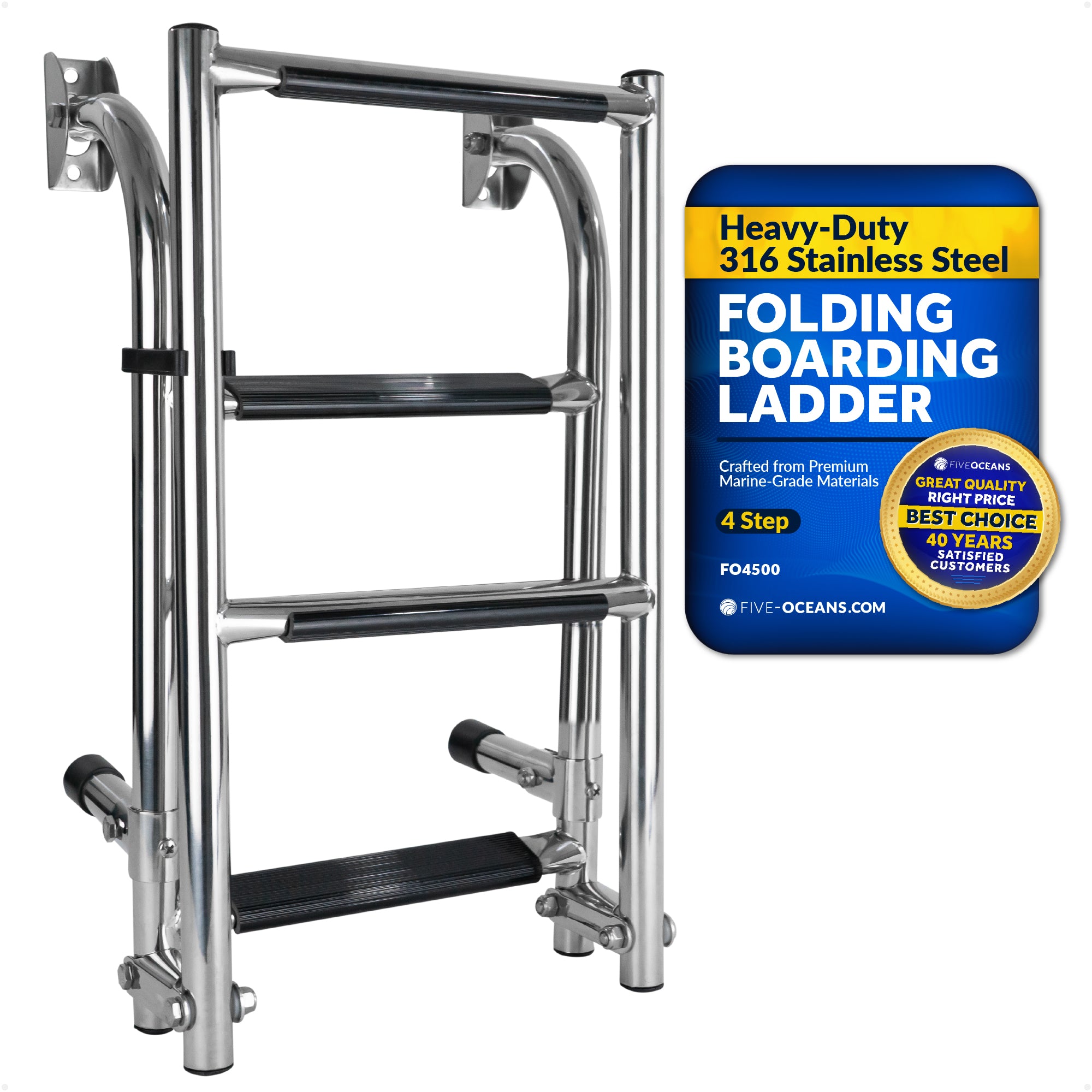 4 Step Boat Folding Ladder, Stainless Steel - FO4500 - Five Oceans