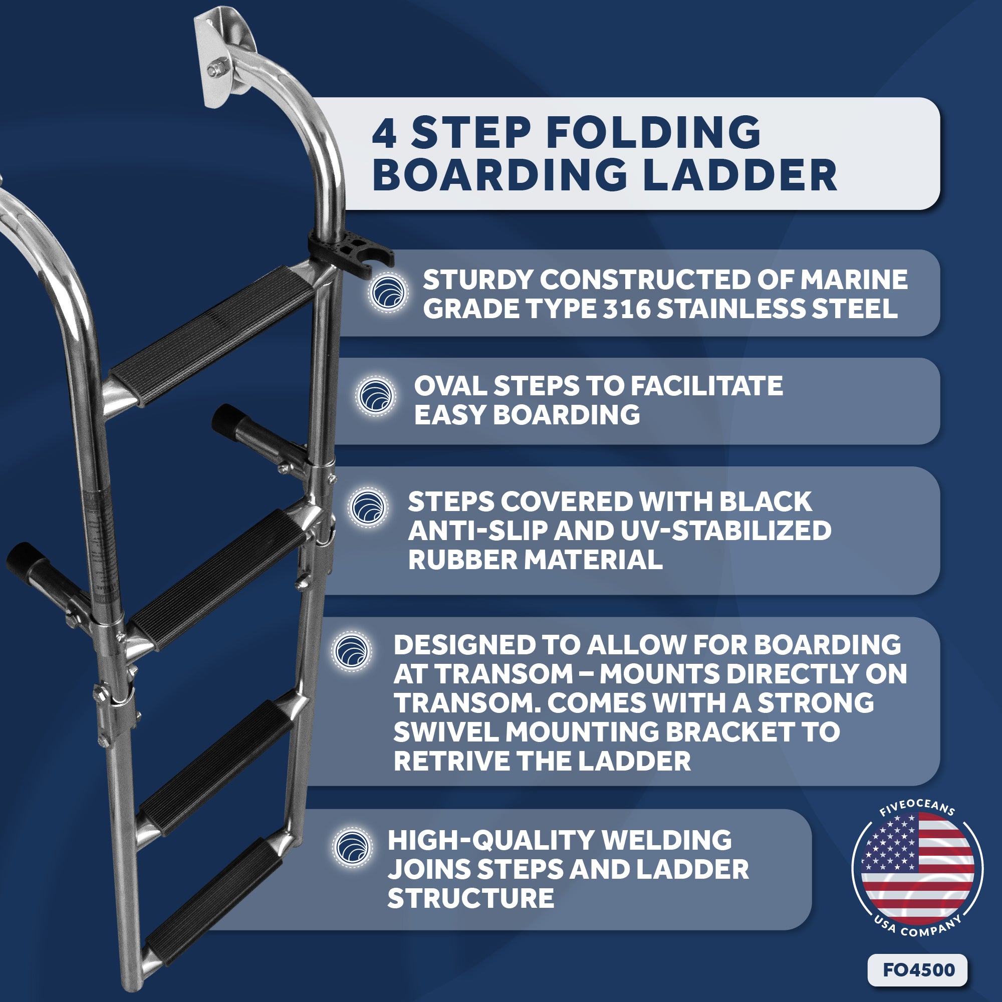 4 Step Boat Folding Ladder, Stainless Steel - FO4500 - Five Oceans