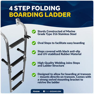 4-Step Folding Transom Ladder, AISI316 Stainless Steel - FO4500 - Five Oceans