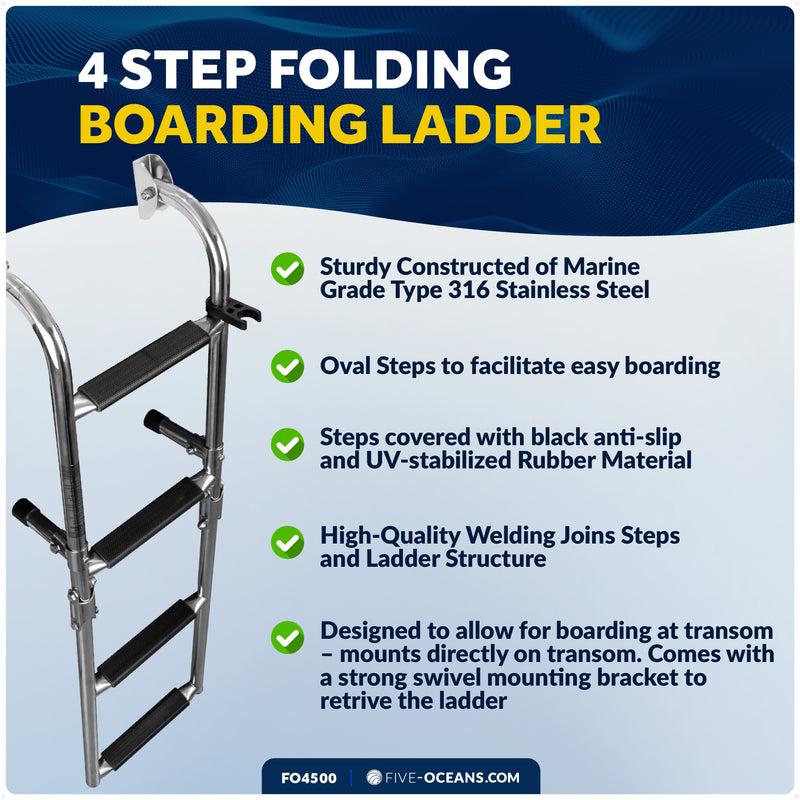 4-Step Folding Transom Ladder, AISI316 Stainless Steel - FO4500 - Five Oceans