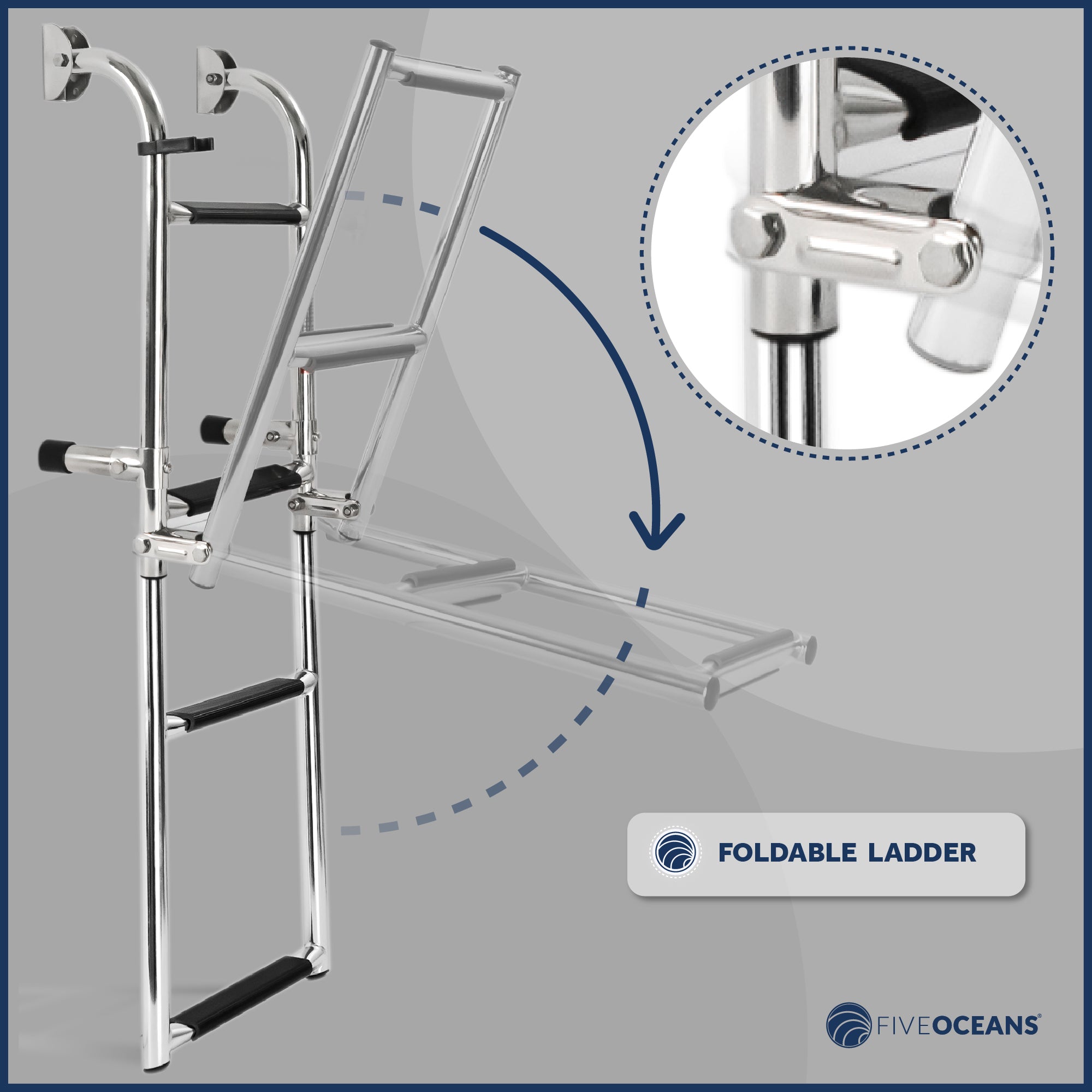 4 Step Boat Folding Ladder, Stainless Steel - FO4500 - Five Oceans
