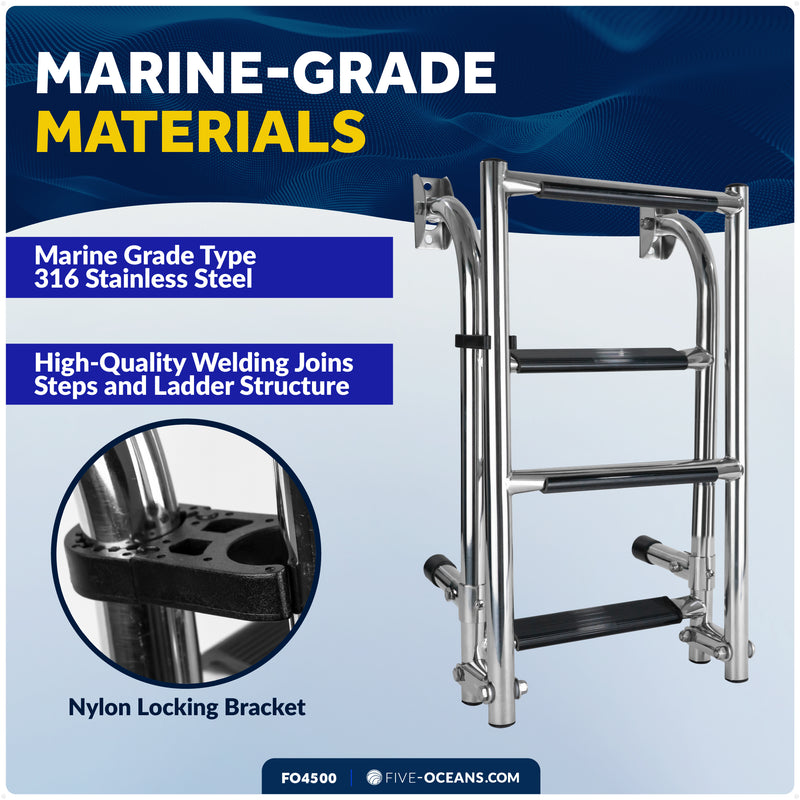 4-Step Folding Transom Ladder, AISI316 Stainless Steel - FO4500 - Five Oceans