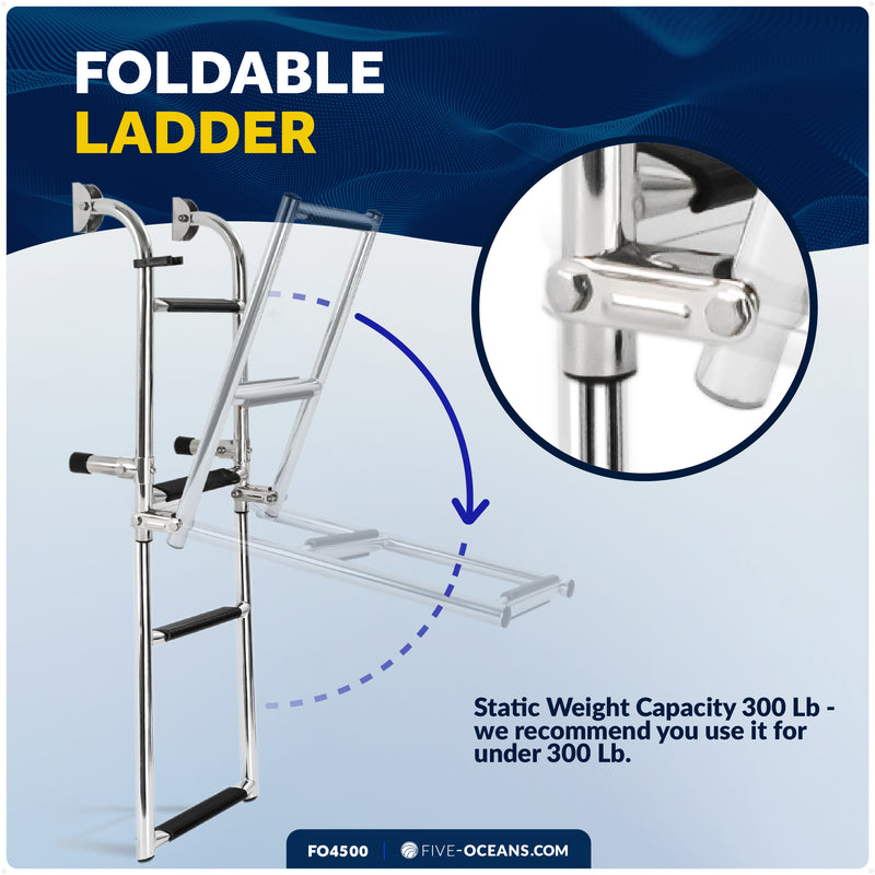 4-Step Folding Transom Ladder, AISI316 Stainless Steel - FO4500 - Five Oceans