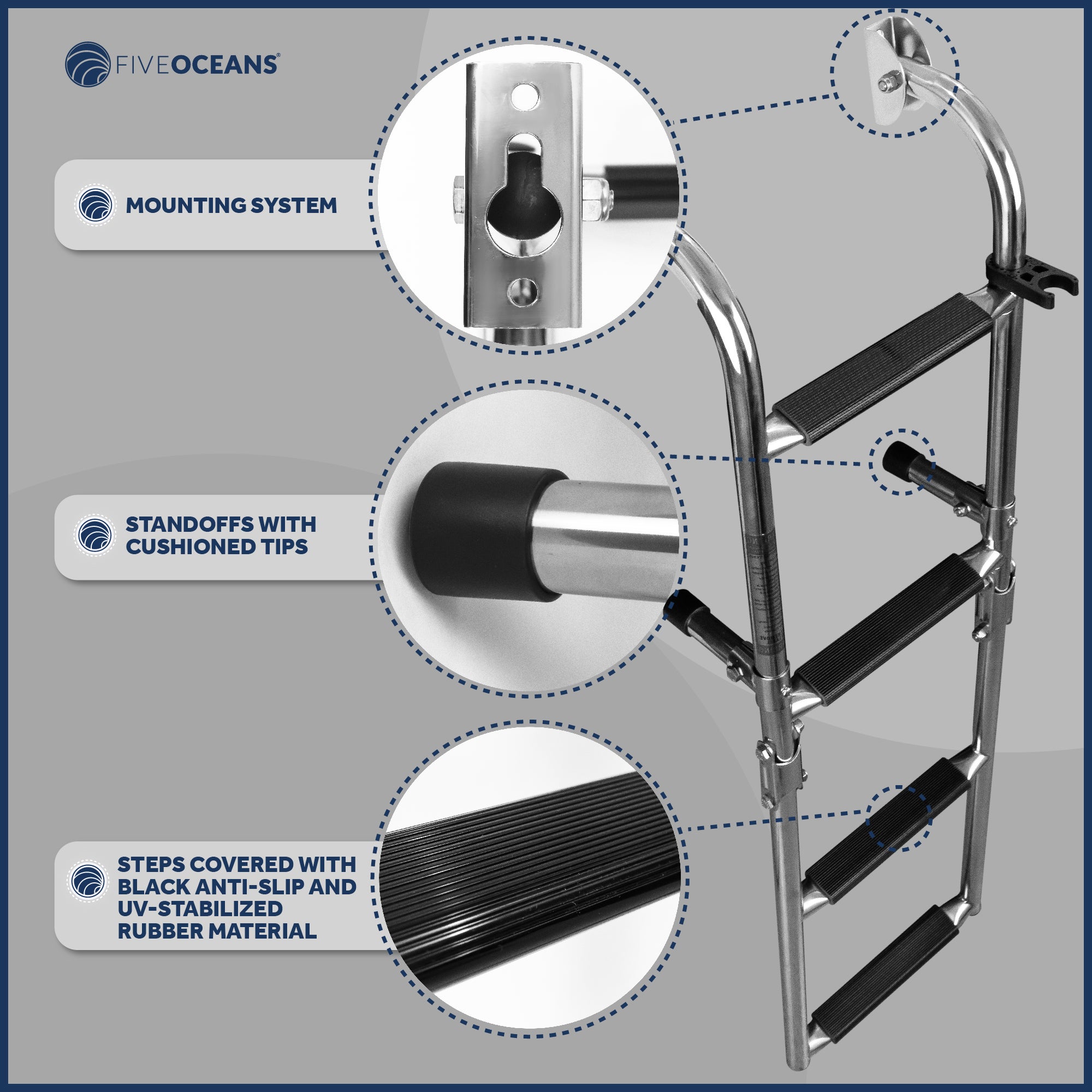 4 Step Boat Folding Ladder, Stainless Steel - FO4500 - Five Oceans