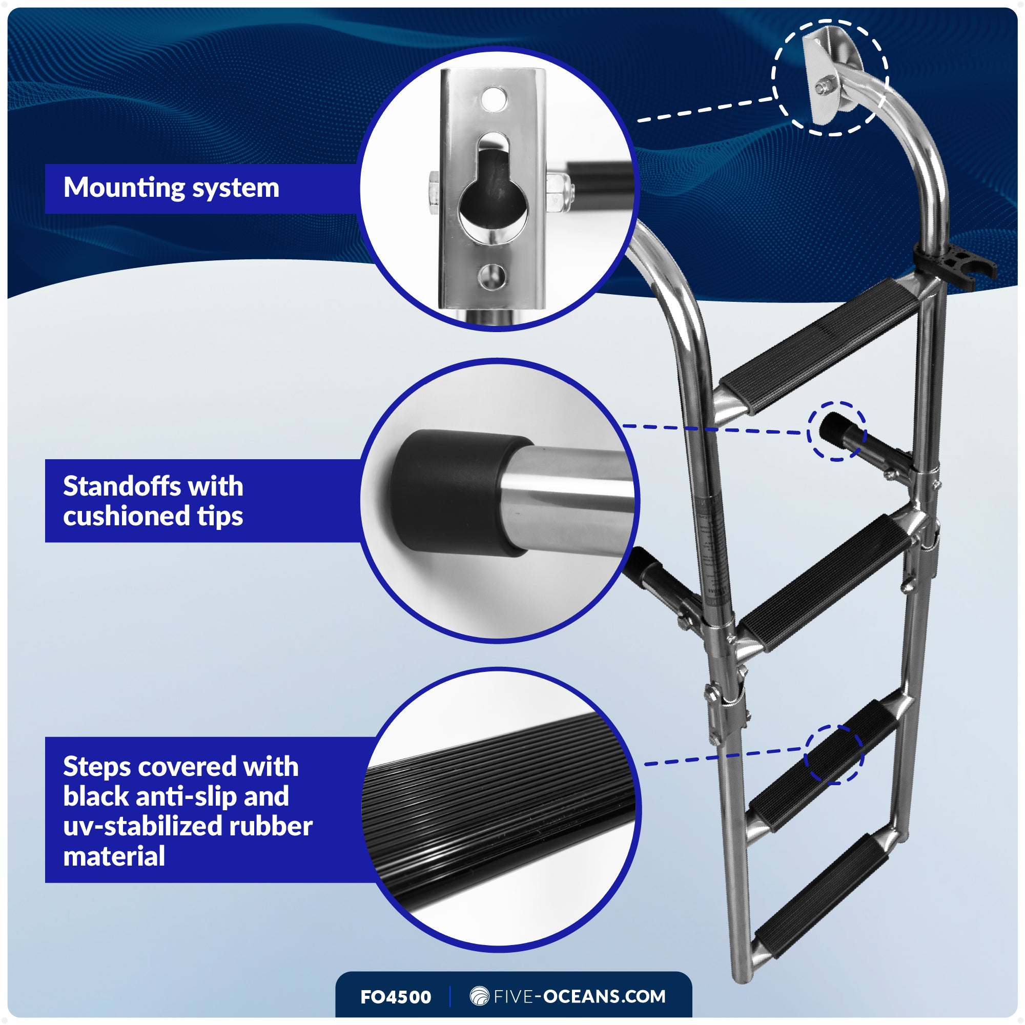 4-Step Folding Transom Ladder, AISI316 Stainless Steel - FO4500