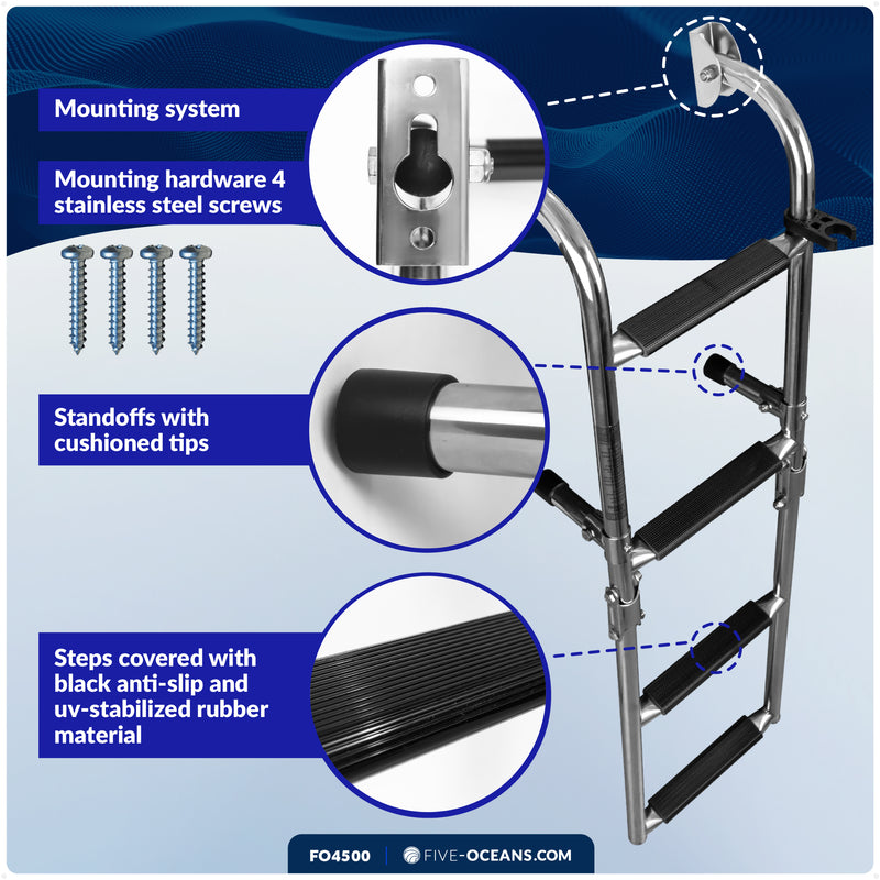4-Step Folding Transom Ladder, AISI316 Stainless Steel - FO4500 - Five Oceans