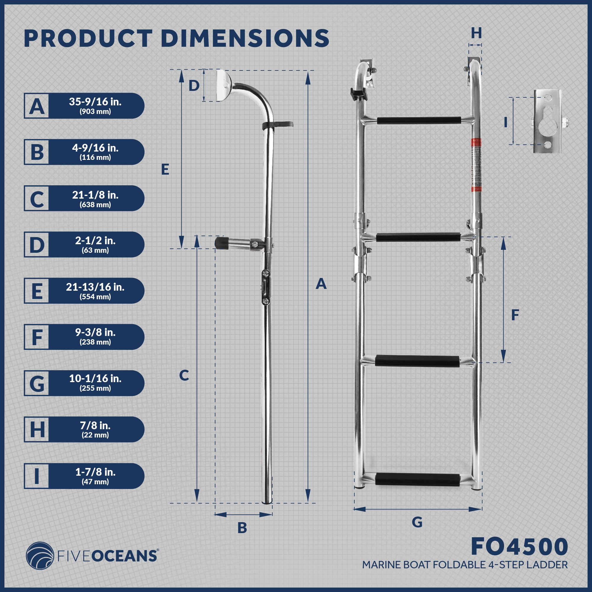 4 Step Boat Folding Ladder, Stainless Steel - FO4500 - Five Oceans