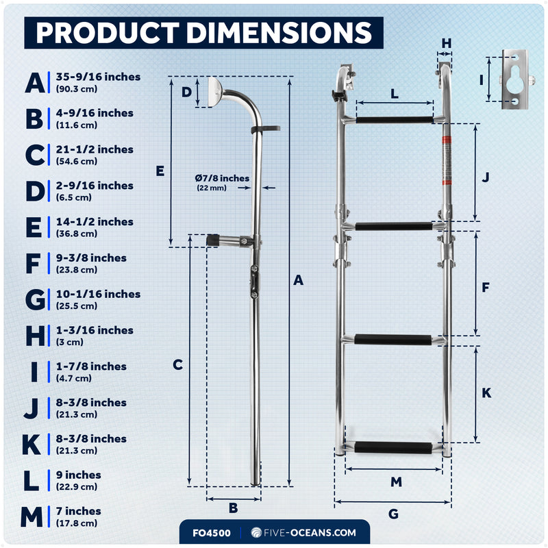 4-Step Folding Transom Ladder, AISI316 Stainless Steel - FO4500 - Five Oceans