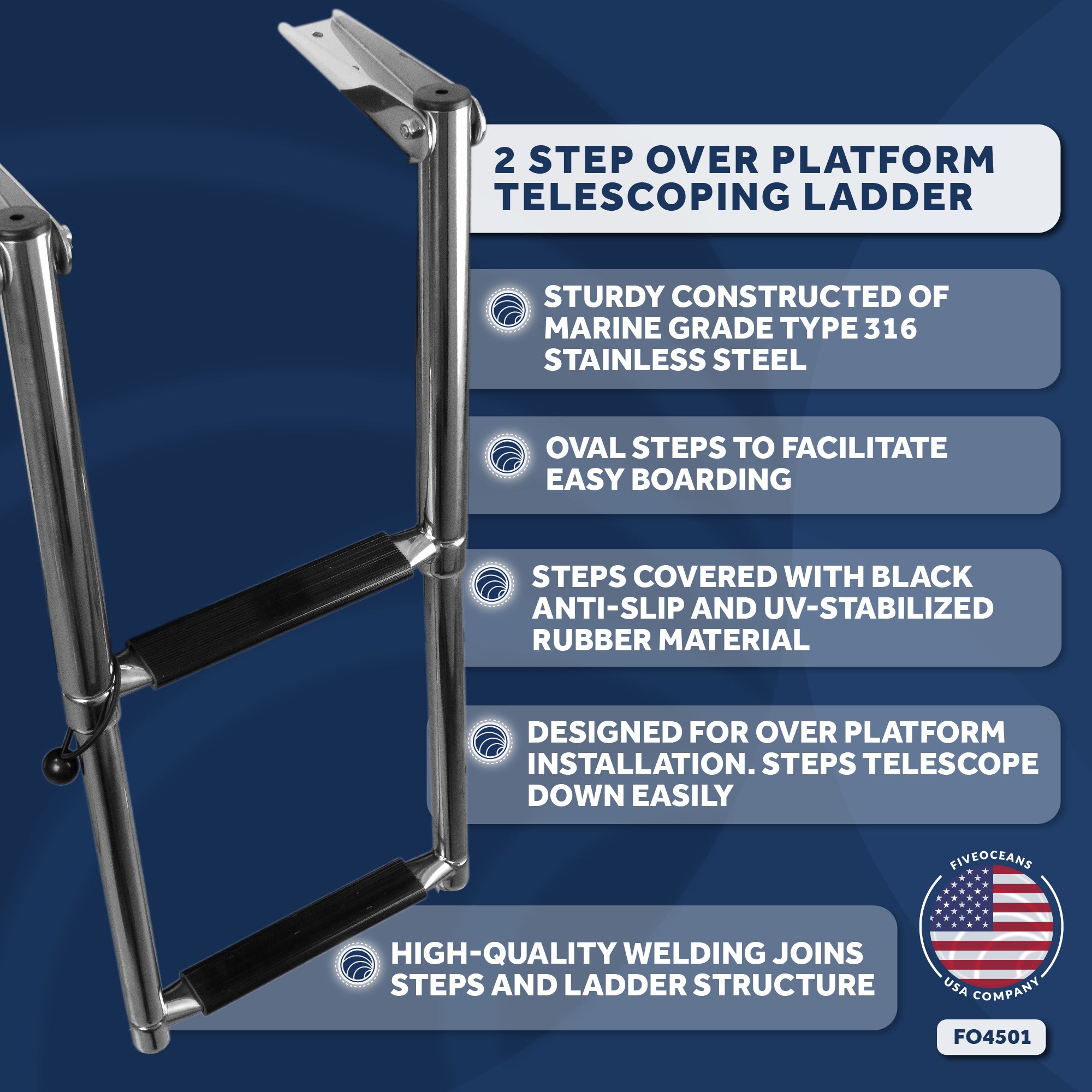 2 Step Boat Over Platform Telescoping Ladder, Stainless Steel - FO4501 - Five Oceans