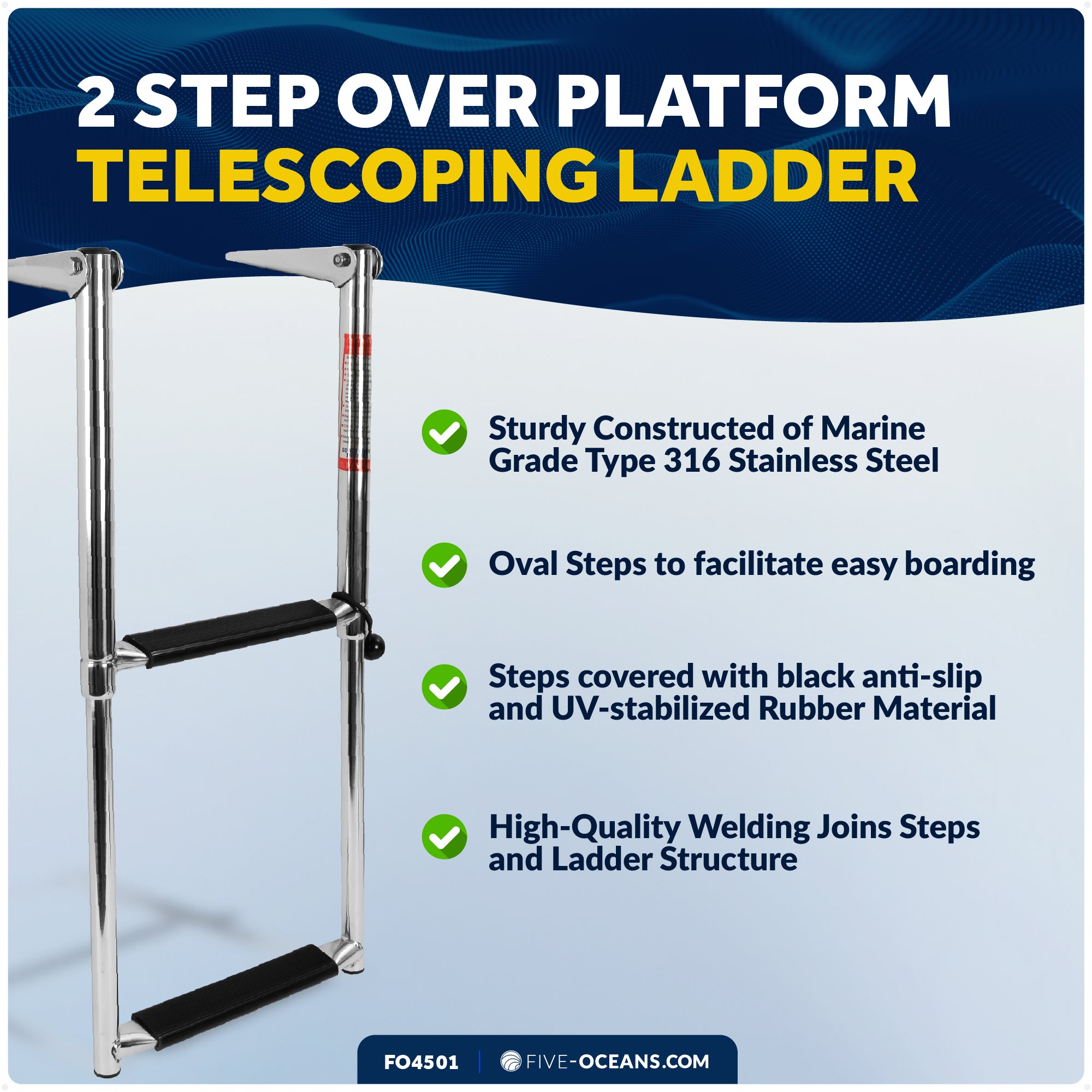 2-Step Over Platform Telescoping Swim Ladder, AISI316 Stainless Steel - FO4501 - Five Oceans