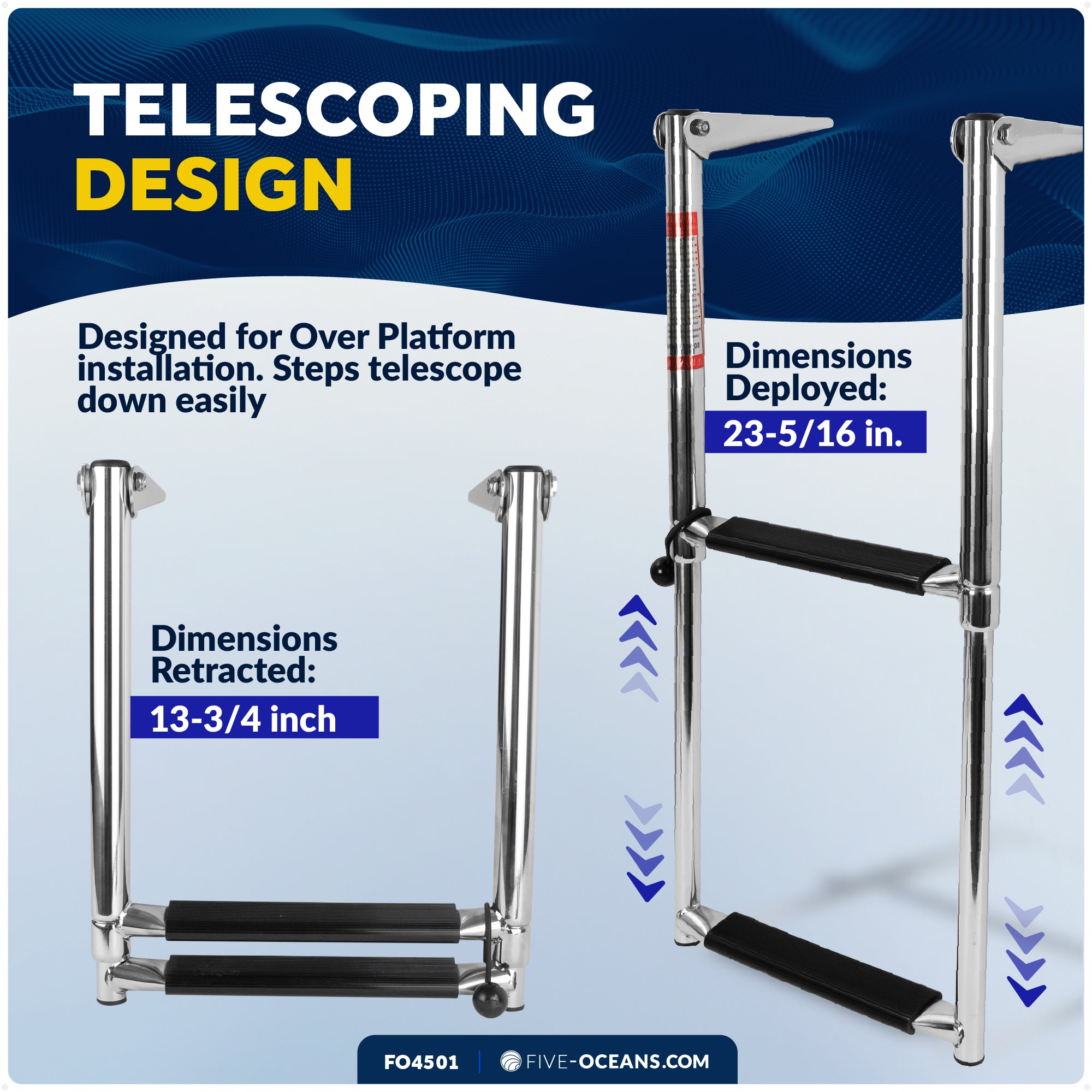 2 Step Boat Over Platform Telescoping Ladder, Stainless Steel - FO4501