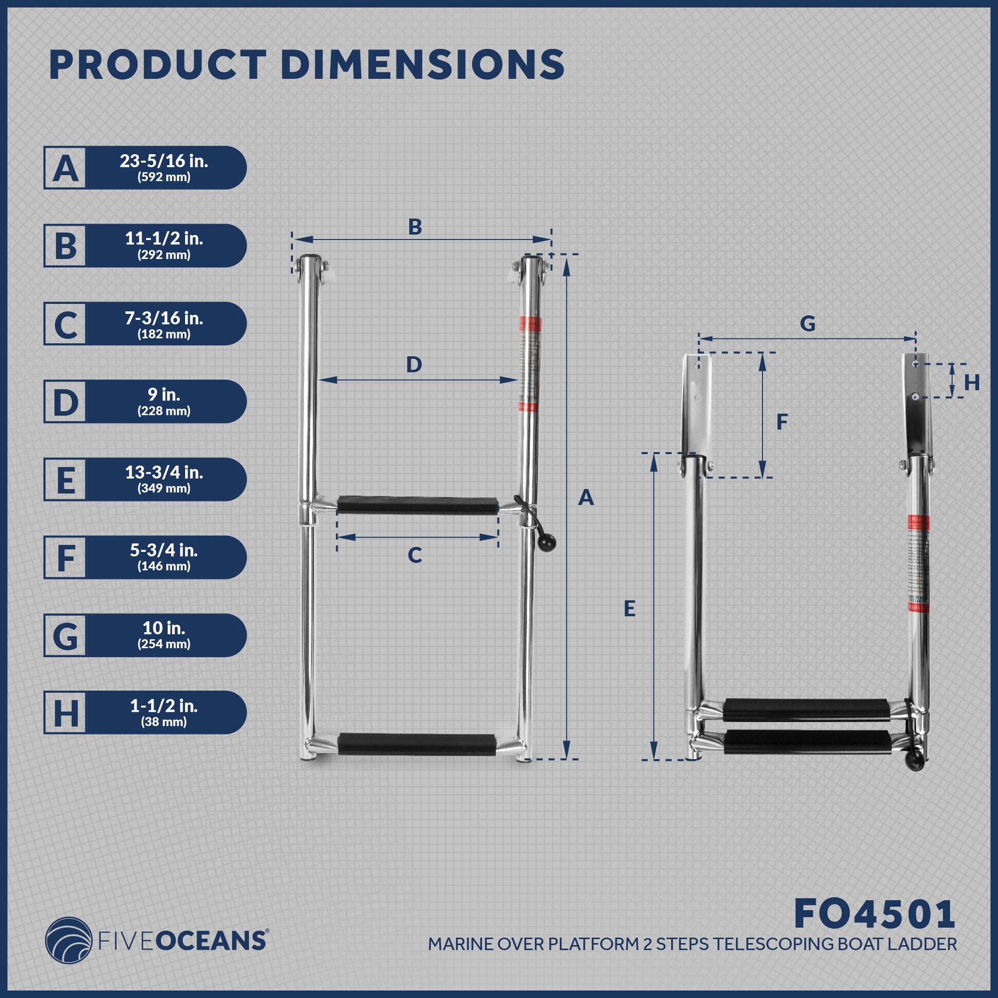 2 Step Boat Over Platform Telescoping Ladder, Stainless Steel - FO4501 - Five Oceans