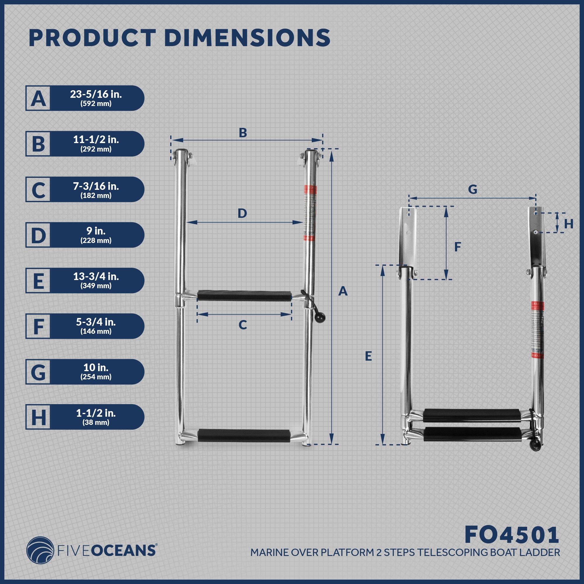 2 Step Boat Over Platform Telescoping Ladder, Stainless Steel - FO4501 - Five Oceans